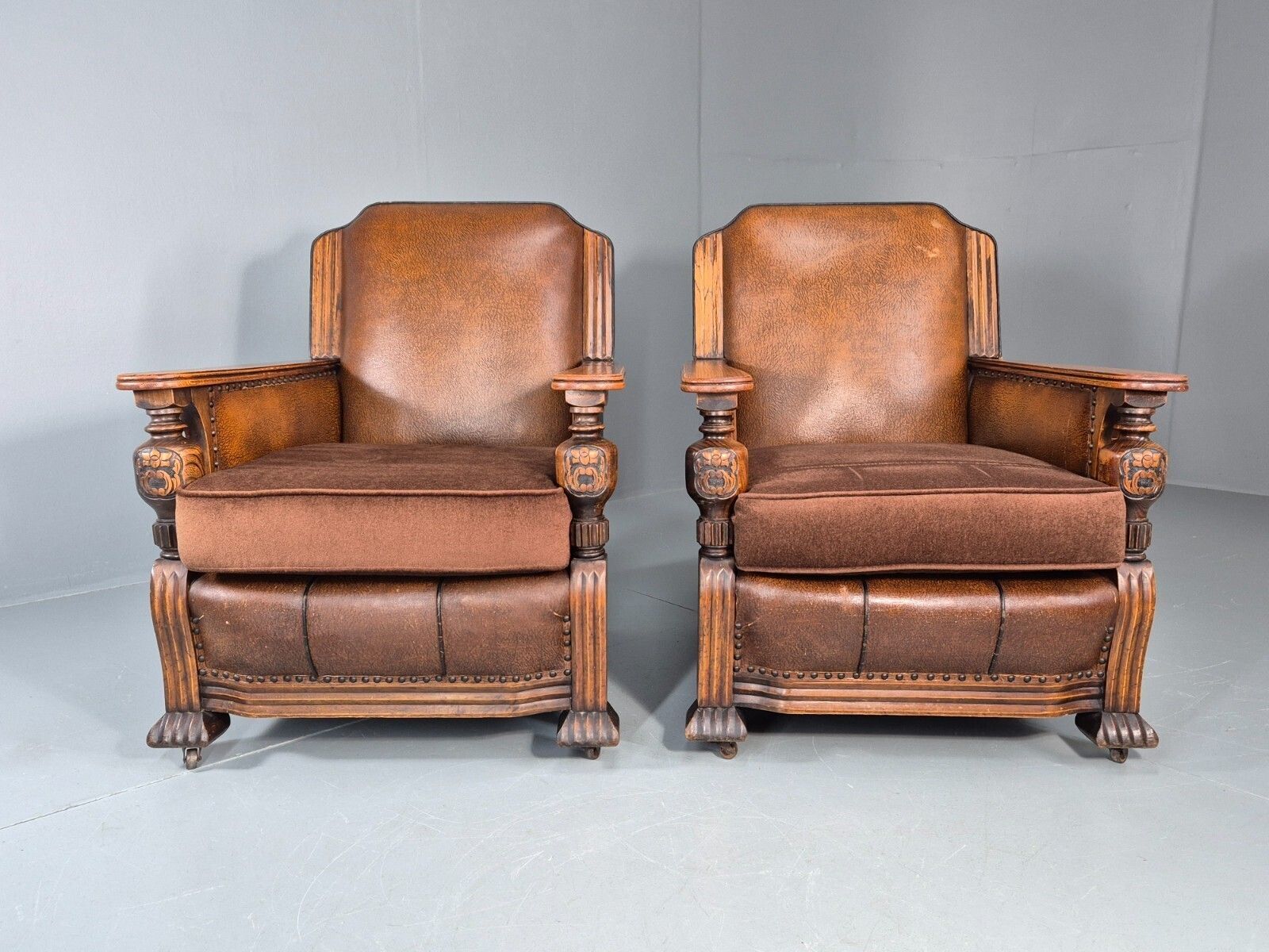2 Edwardian Lounge Chairs Baroque Oak Frame Rexine And Velour Eb11264 Vlea photo Furniture