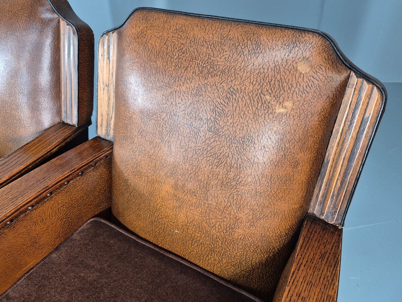 photo for sale 2 Edwardian Lounge Chairs Baroque Oak Frame Rexine And Velour Eb11264 Vlea
