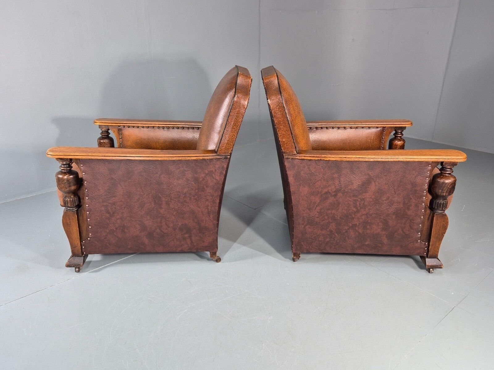 photo vinterior 2 Edwardian Lounge Chairs Baroque Oak Frame Rexine And Velour Eb11264 Vlea