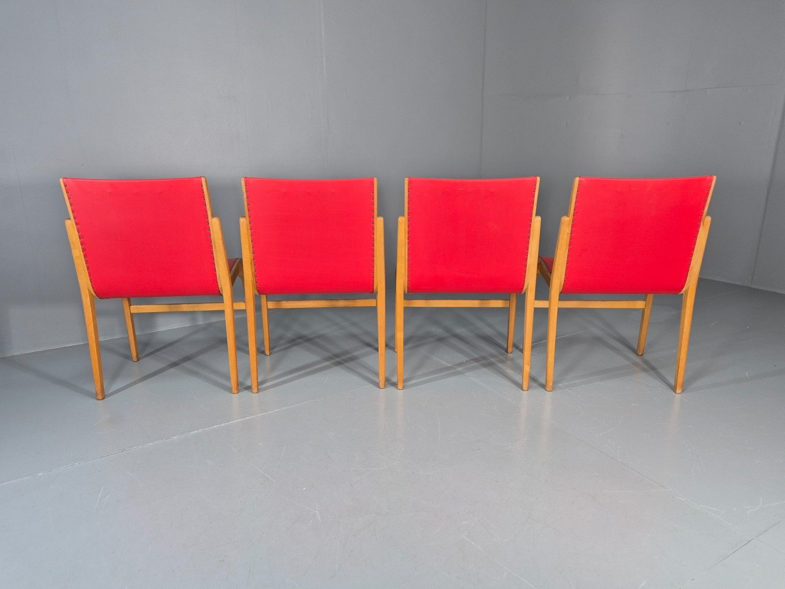 4 Stacking Lounge Chairs 1950s Swedish Red Beech Mid Century Retro Eb11102 Mdin photo vintage