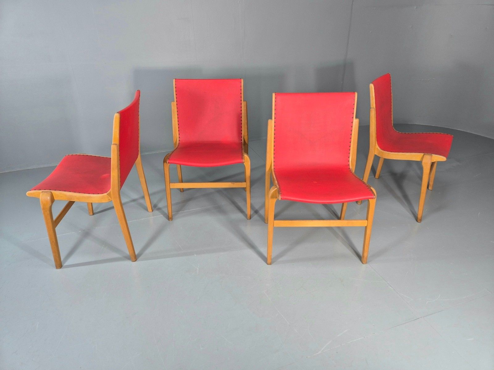 photo for sale 4 Stacking Lounge Chairs 1950s Swedish Red Beech Mid Century Retro Eb11102 Mdin