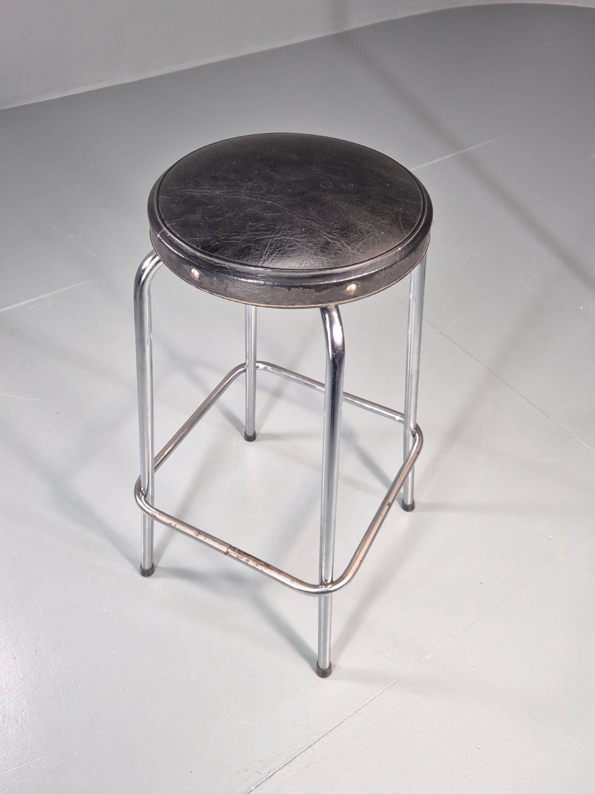 Vintage Bar Stool Black Vinyl And Chrome 1980s Bauhaus Style Retro Eb11274 Mdin photo furniture
