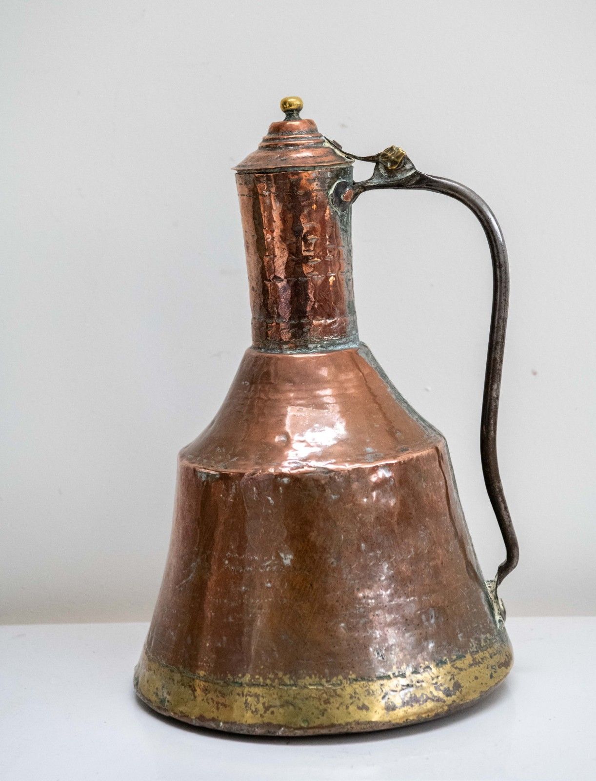 Large 18th Century English Hand Raised Copper Ale Jug With Lid – Initialled “Nh”