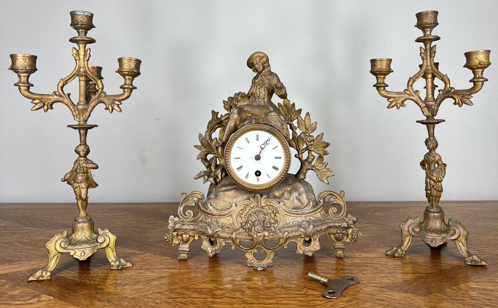 Clock Vintage French Style Mantel Clock With Matching Candelabras Set Lot 4680