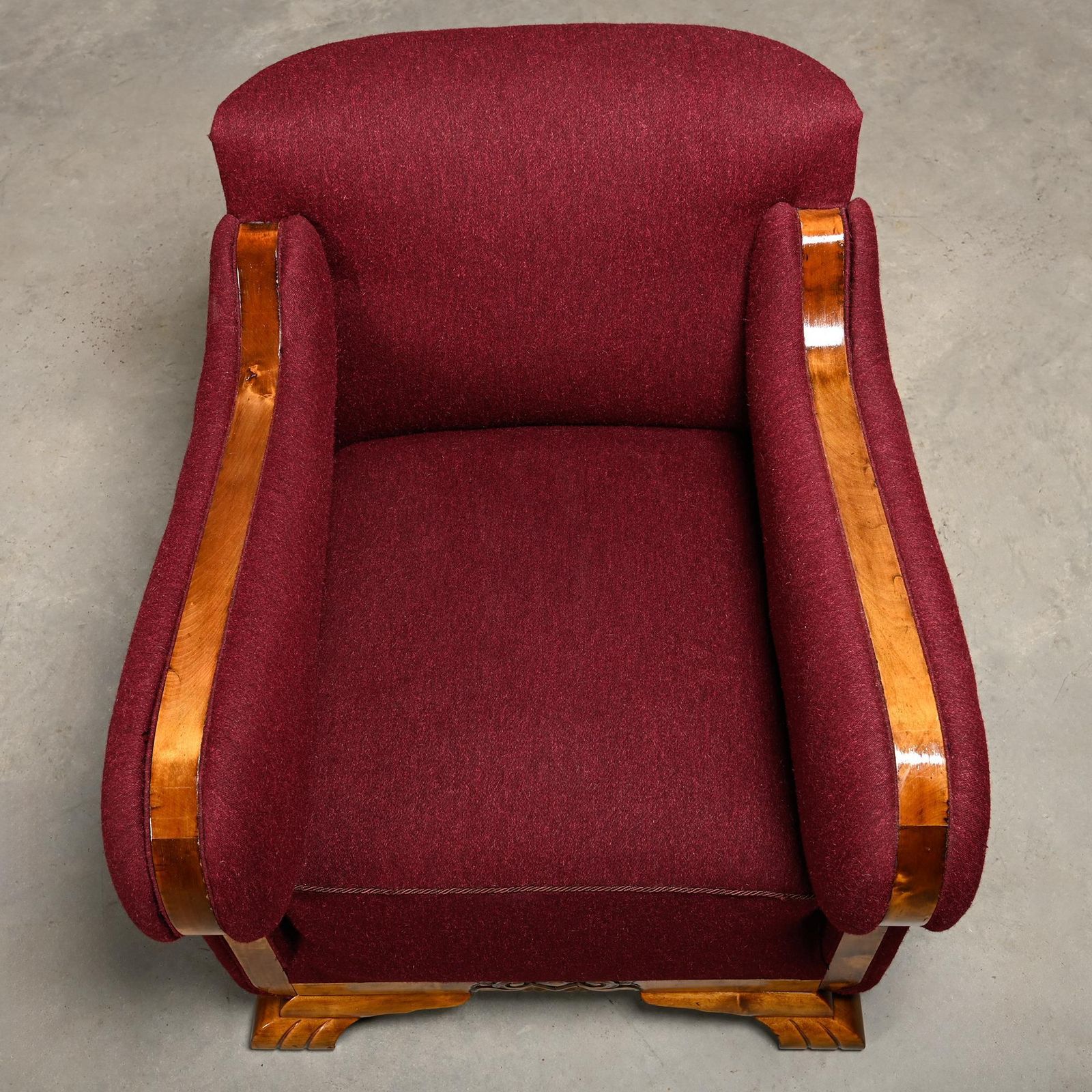 Pair Danish Cabinetmaker Art Deco Armchairs In Burgundy Wool Fabric photo vinterior