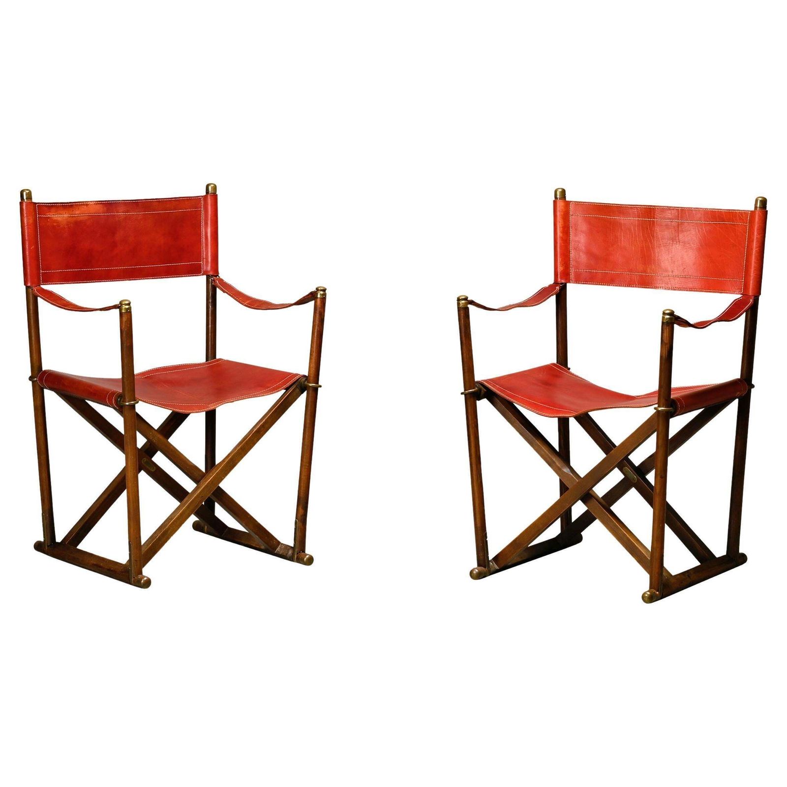Pair Mogens Koch Mk 16 Folding Chair In Oak Wood With Red Leather For Valmazan