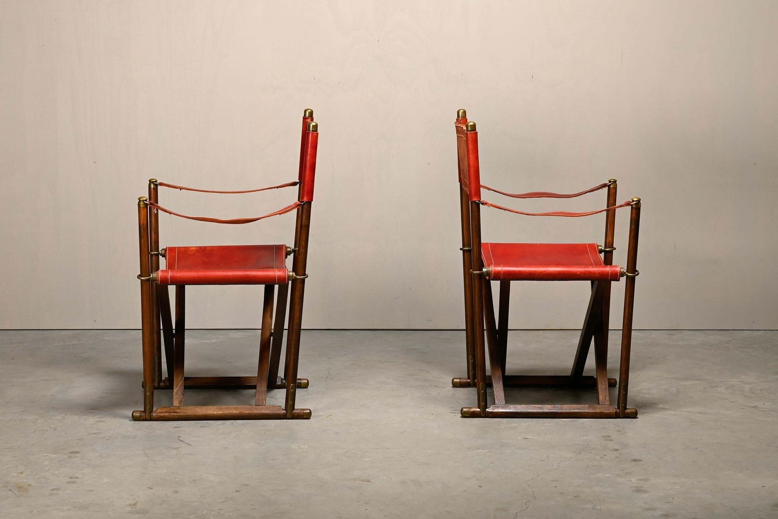 Pair Mogens Koch Mk 16 Folding Chair In Oak Wood With Red Leather For Valmazan photo vinterior