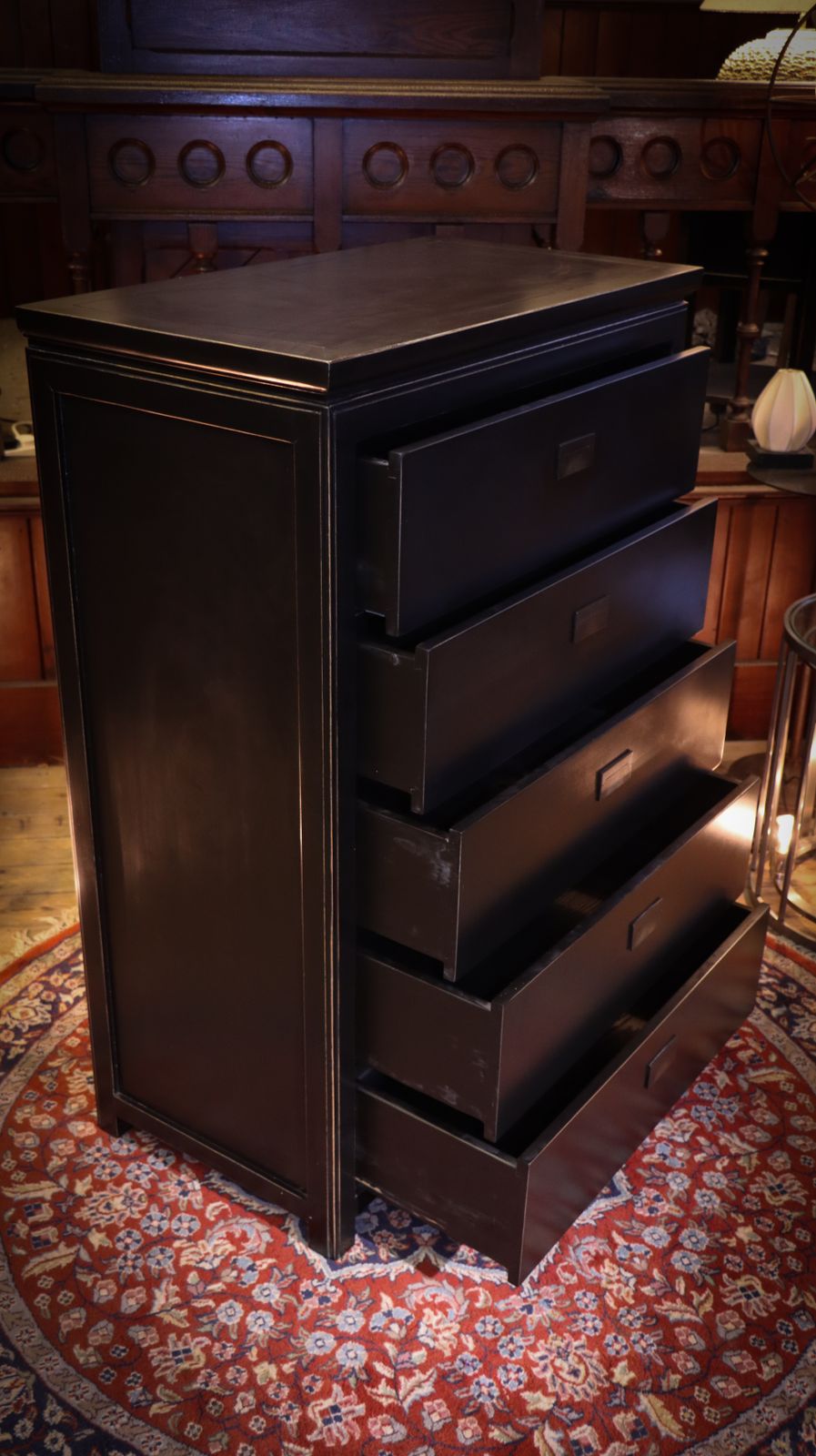 Stunning Lombok Canton Large Chest Of Drawers Solid Wood Black Ash 5 Drawers photo vintage