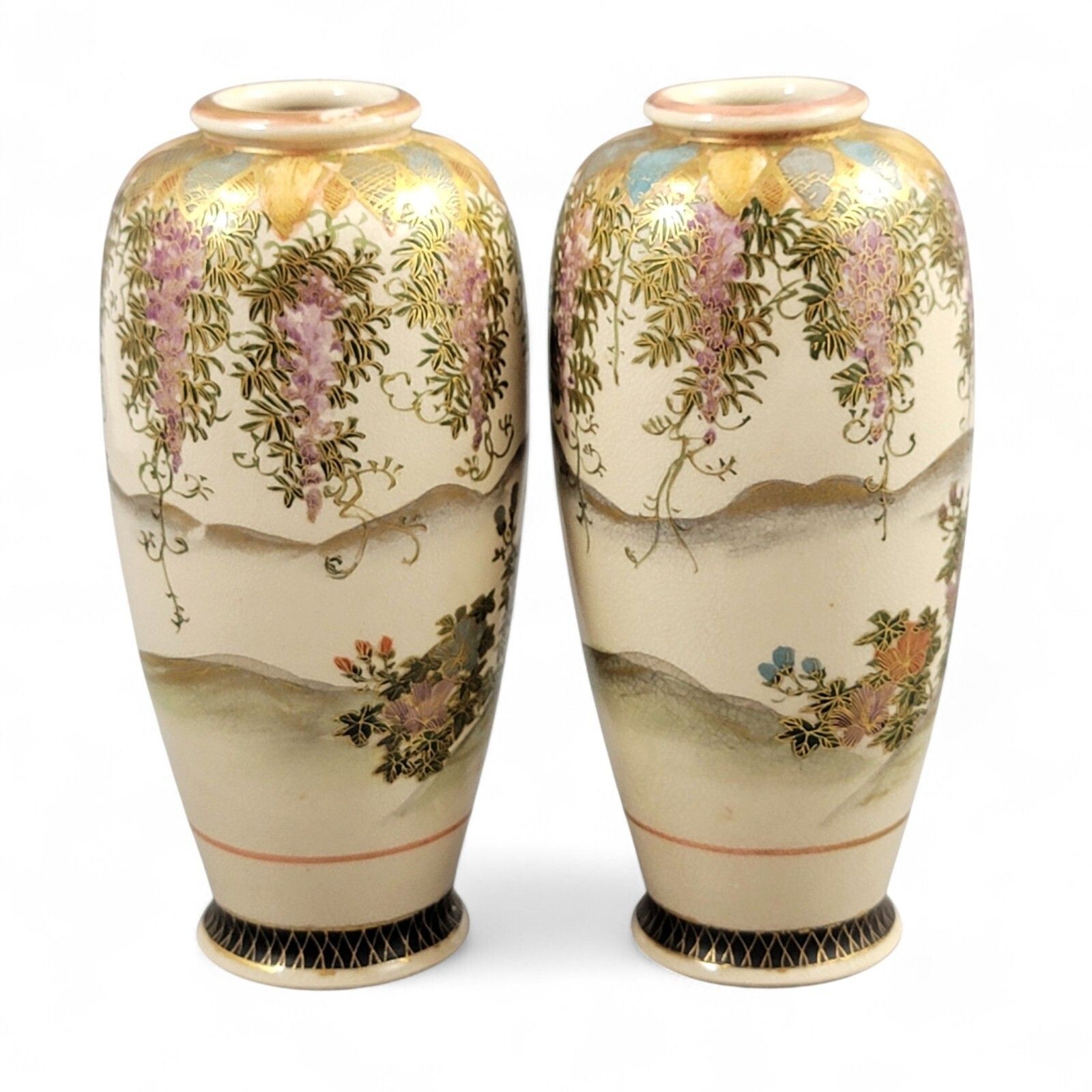 Pair Kyoto Satsuma Vases By Hakusan (白山), Wisteria & Bijin, C. 1890–1915 photo vinterior