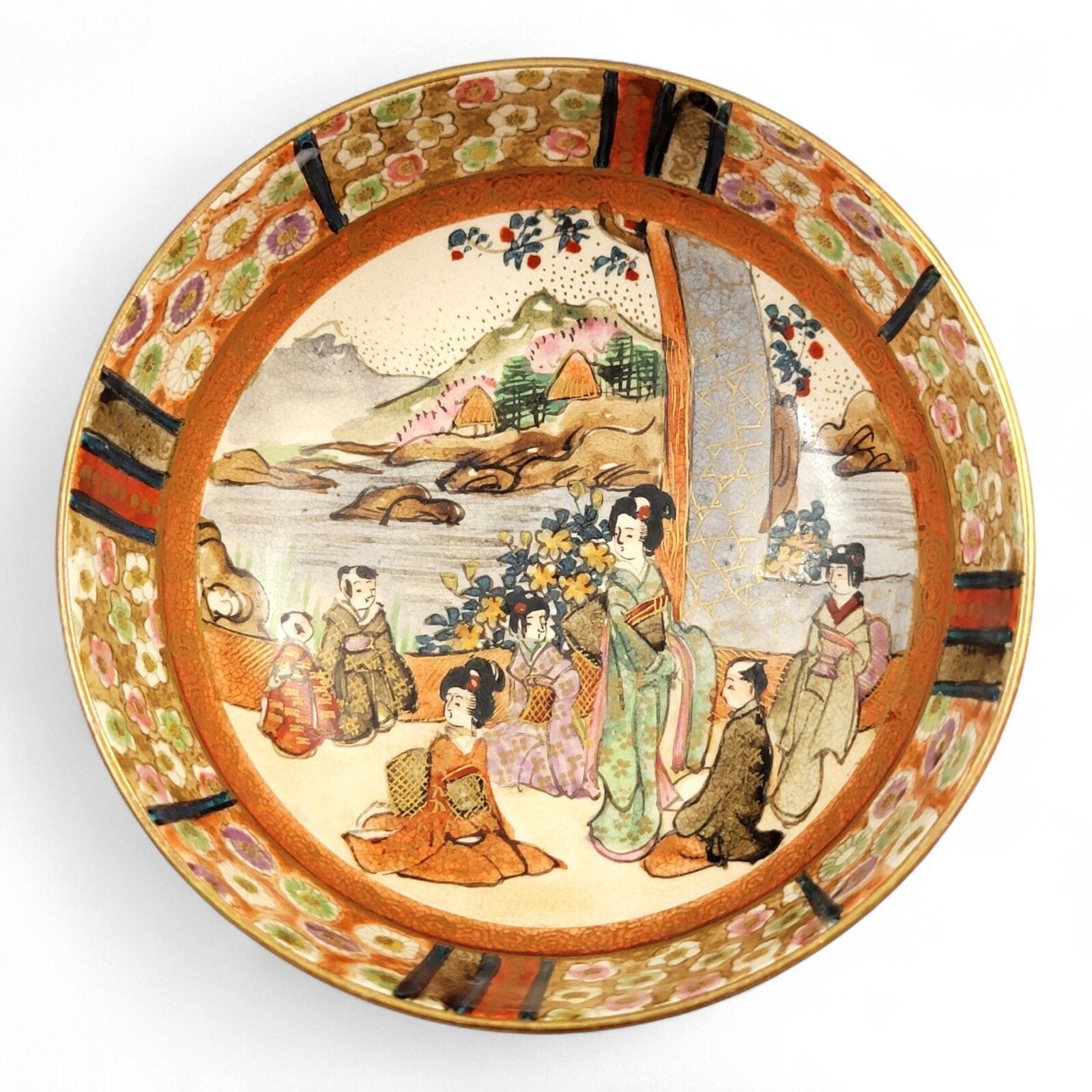 Antique Kyoto Satsuma Bowl “Bijin With Children Under Camellia Tree”, C.1890 photo vintage