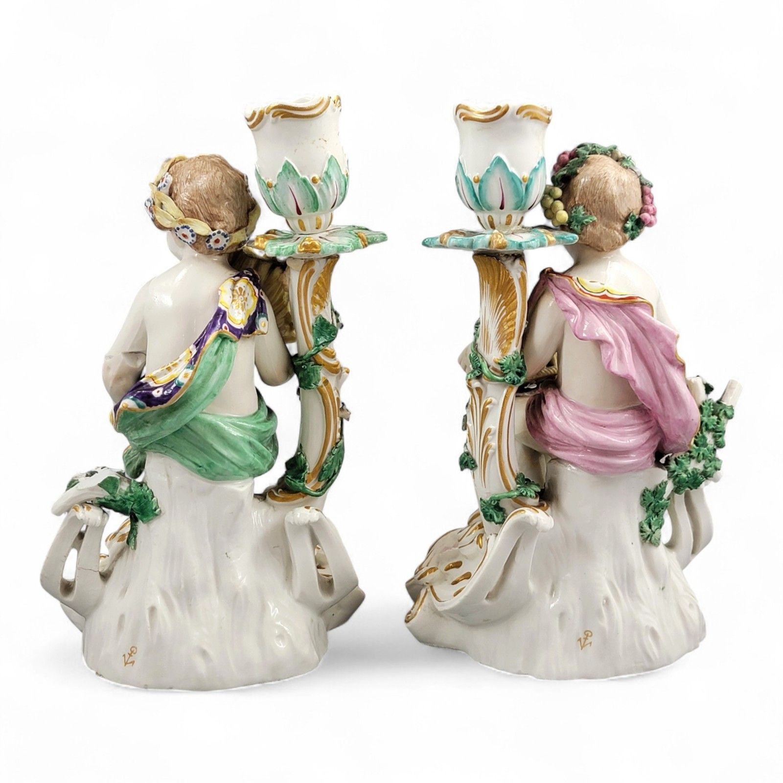Antique Georgian Chelsea Porcelain Summer And Autumn Candlesticks C.1775–1783 photo for sale