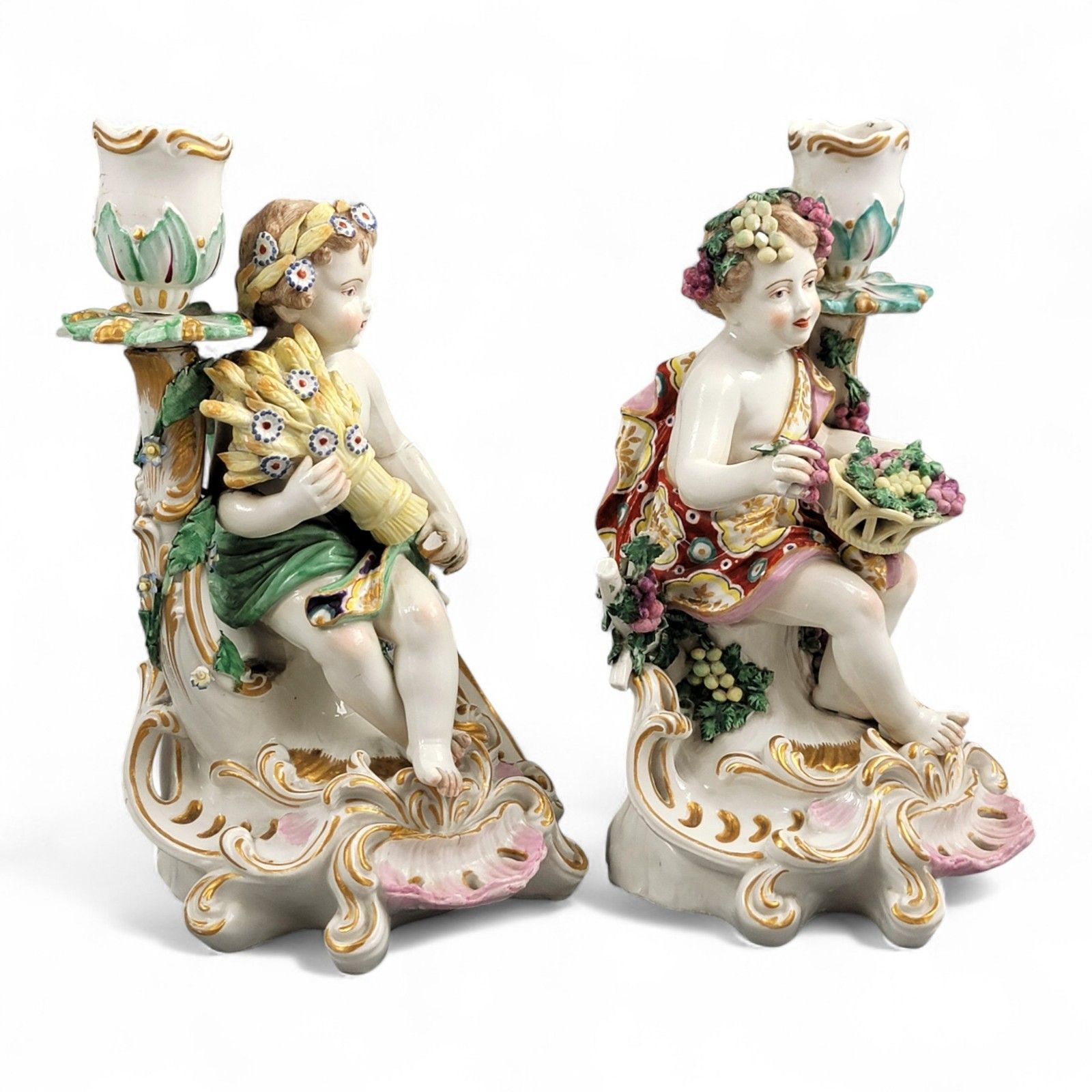 Antique Georgian Chelsea Porcelain Summer And Autumn Candlesticks C.1775–1783 photo 950.0