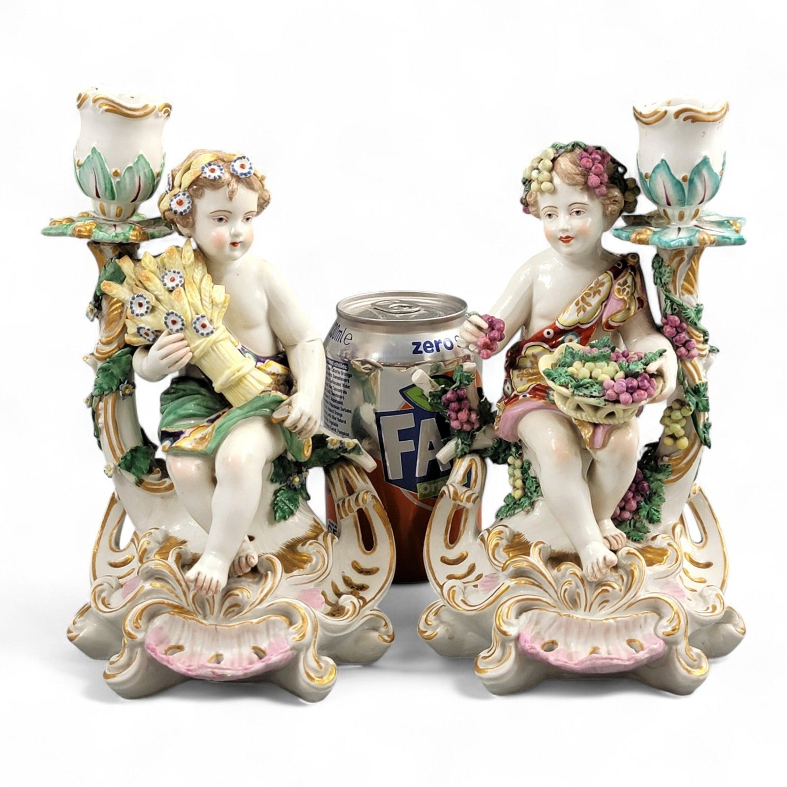 photo buy Antique Georgian Chelsea Porcelain Summer And Autumn Candlesticks C.1775–1783