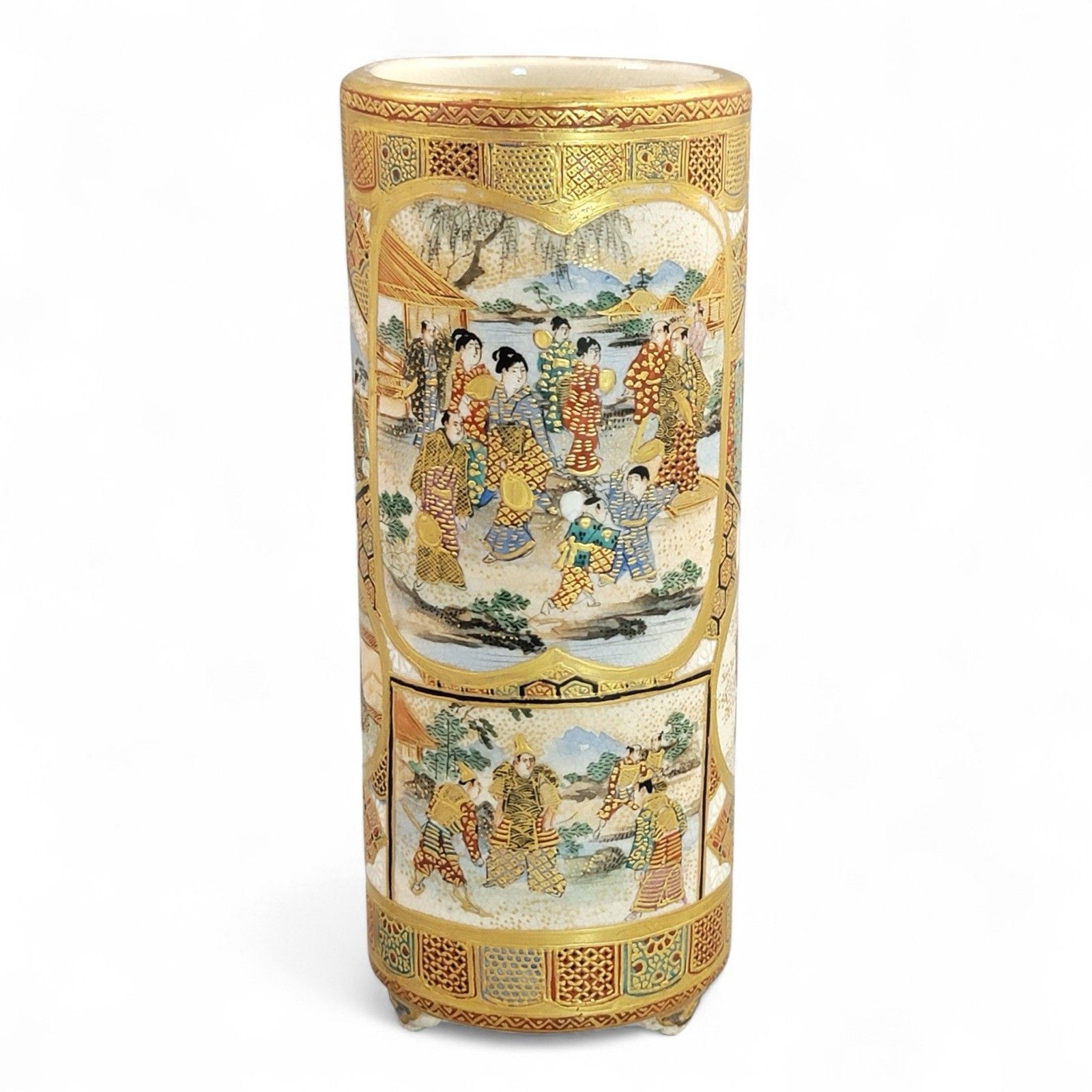 Meiji Japanese Satsuma Cylindrical Vase With Samurai Scenes, Shimazu Mark