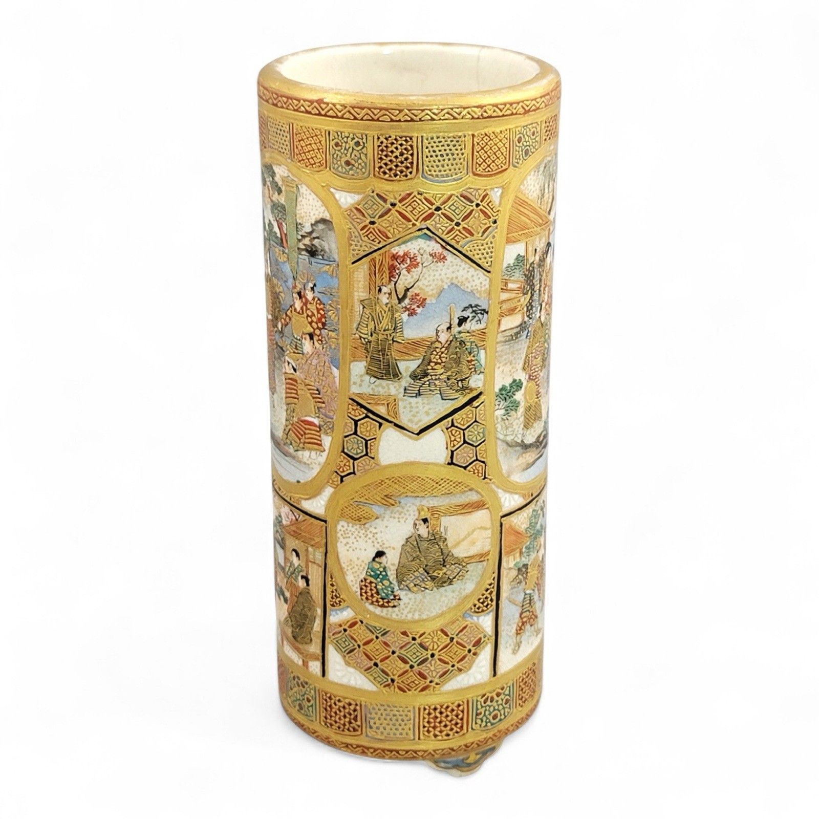 Meiji Japanese Satsuma Cylindrical Vase With Samurai Scenes, Shimazu Mark photo 700.0