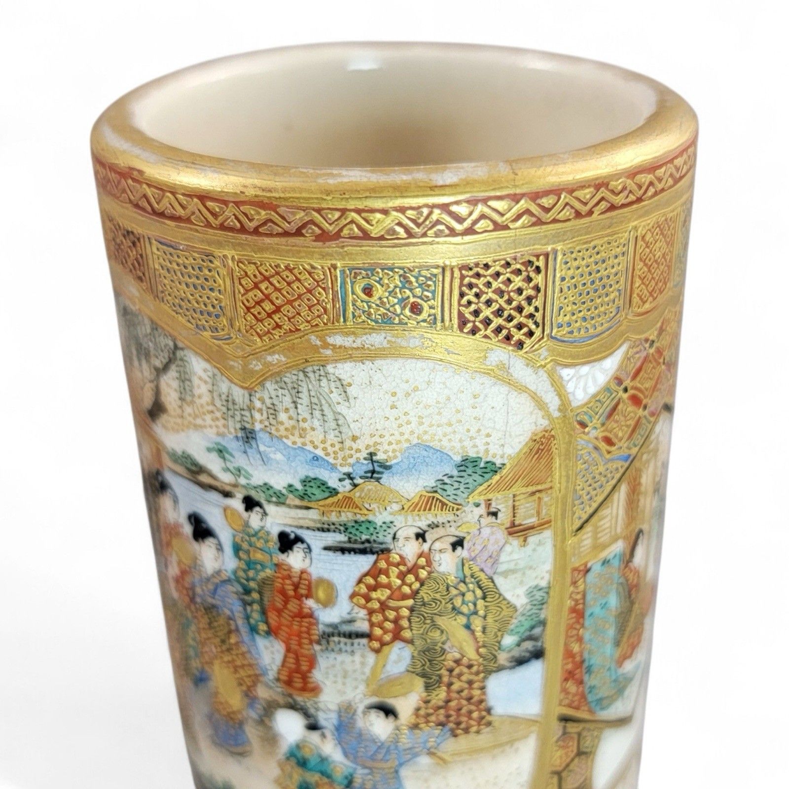 700.0 Meiji Japanese Satsuma Cylindrical Vase With Samurai Scenes, Shimazu Mark photo