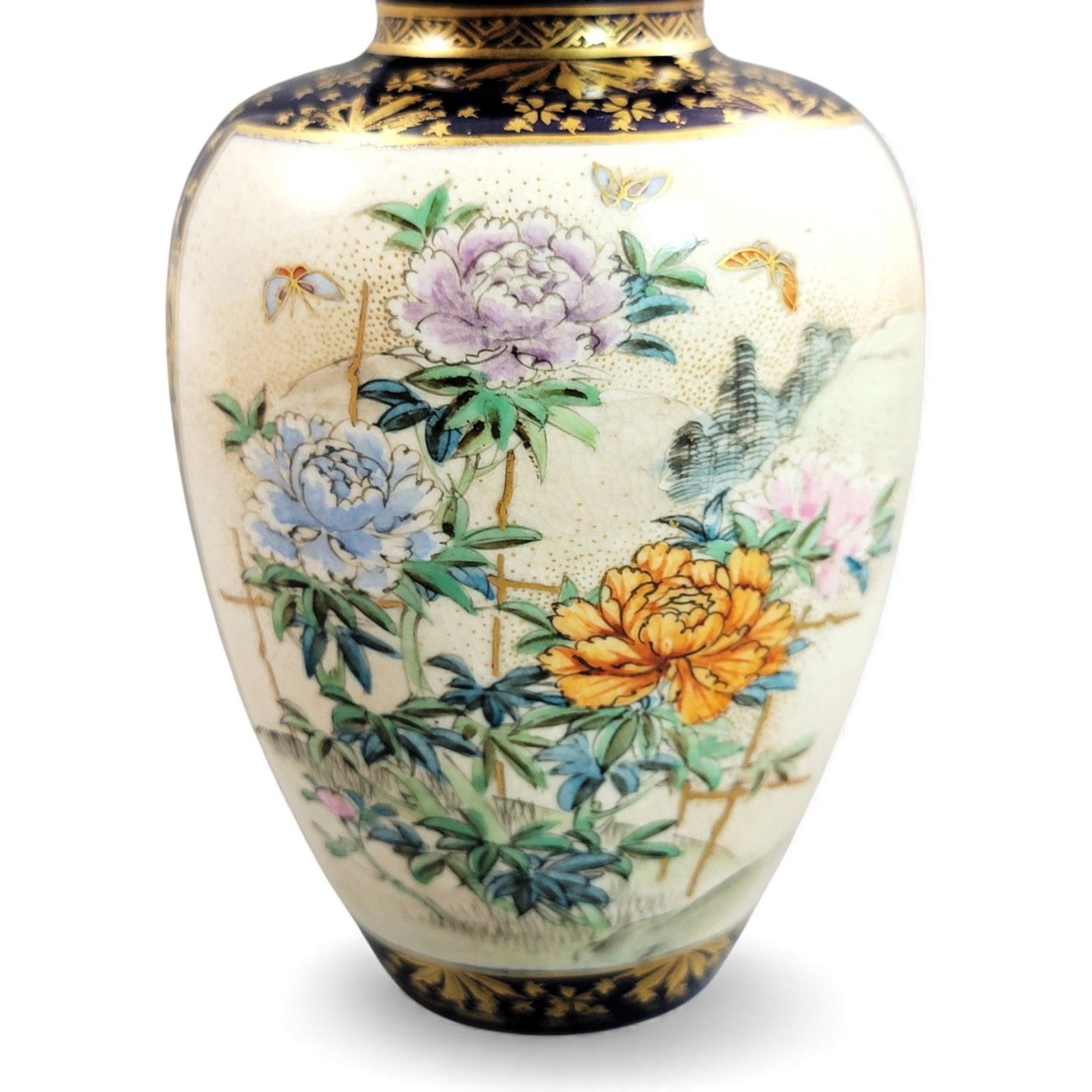 1500.0 Antique Japan Kinkozan Kyoto Satsuma Porcelain Cobalt And Gold Vase Pair Meiji photo