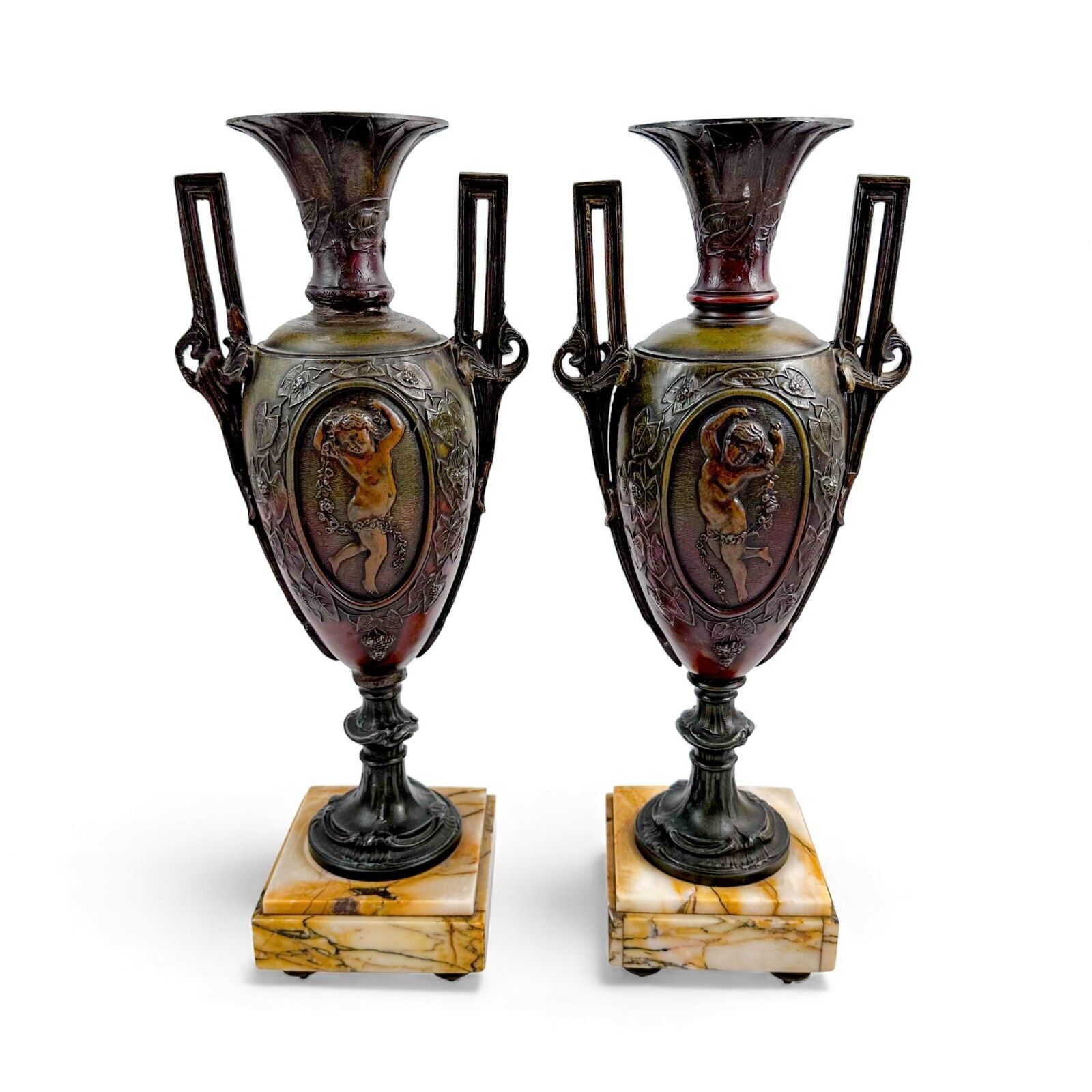 Pair Of Antique French 19th Century Spelter Amphora Vases On Marble Bases photo Home Decor