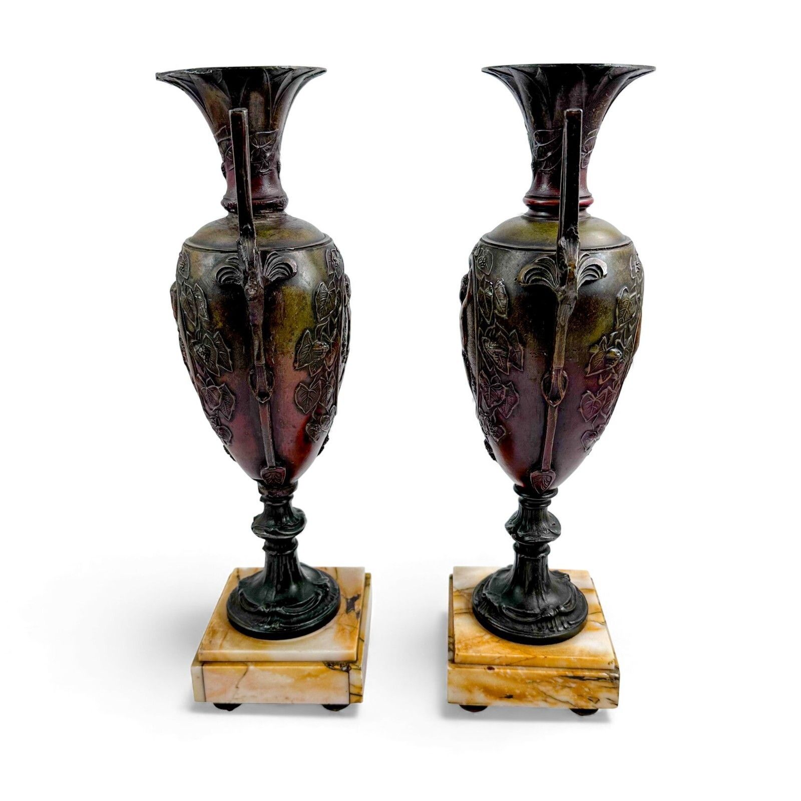 Pair Of Antique French 19th Century Spelter Amphora Vases On Marble Bases photo 500.0