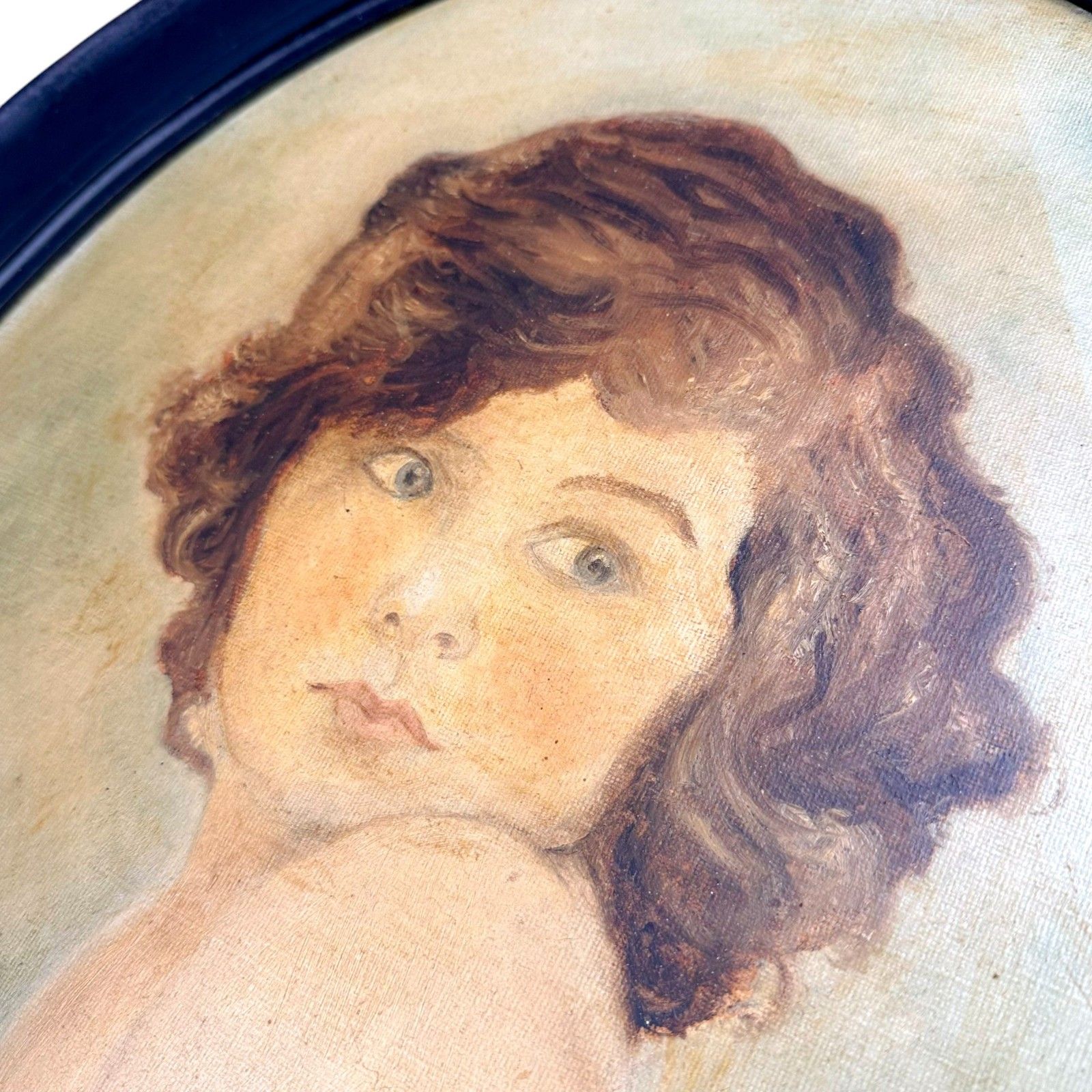 photo furniture “Childhood” 1930 Oil Painting By Bown Jones – Oval Ebonised Frame
