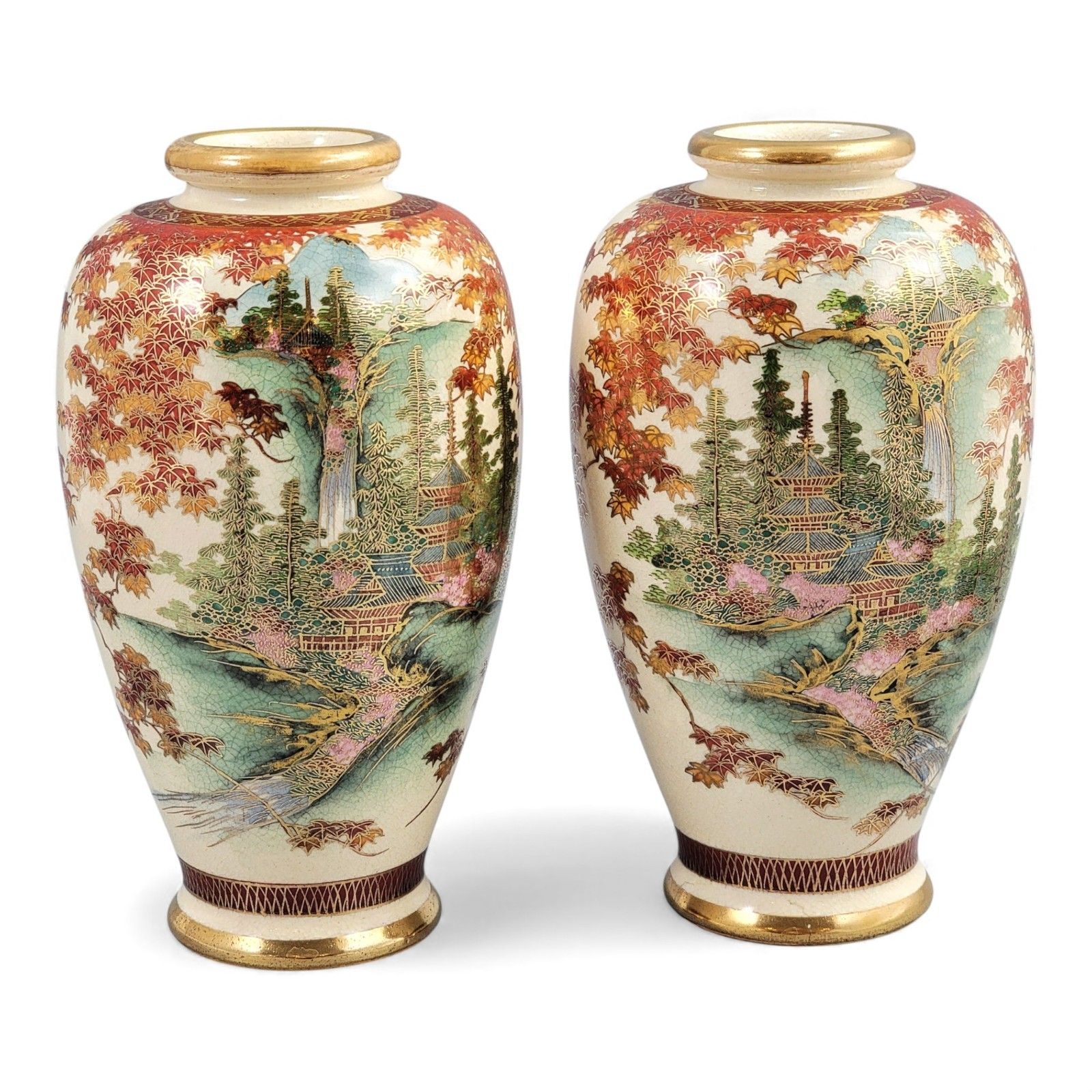 Pair 19th Century Japanese Kyoto Satsuma Porcelain Landscape Vases Meiji Period