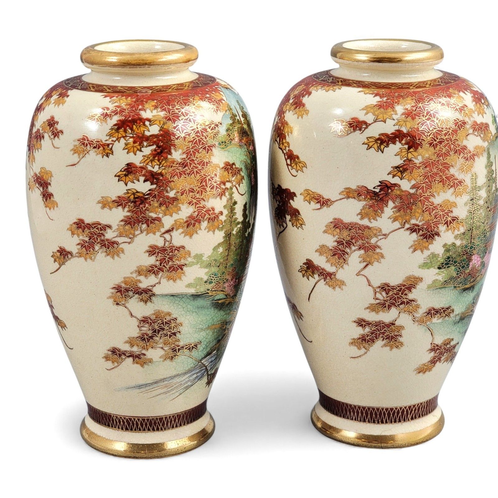 Pair 19th Century Japanese Kyoto Satsuma Porcelain Landscape Vases Meiji Period photo vinterior
