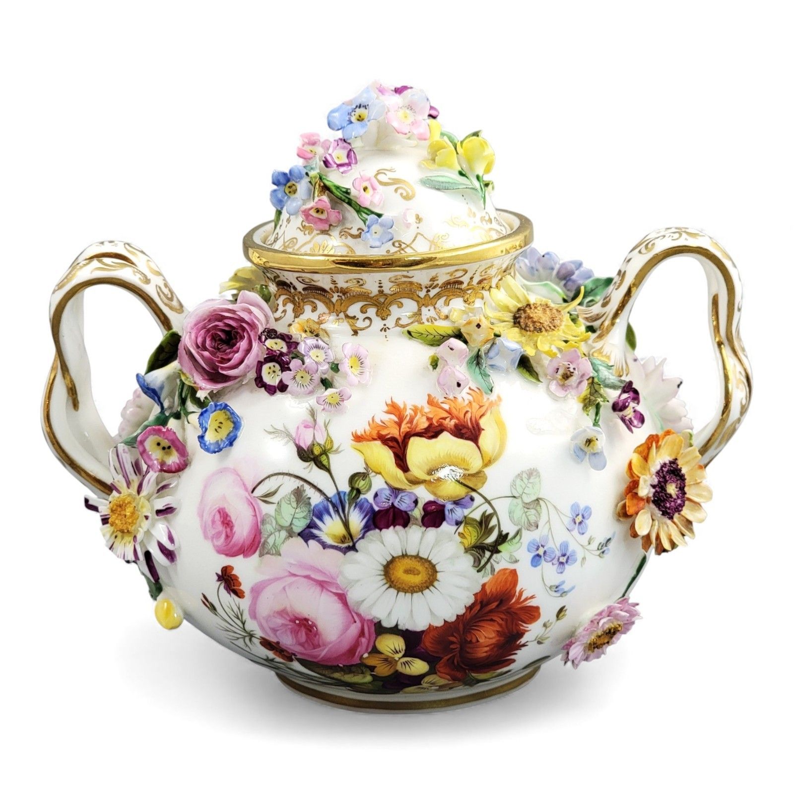 Regency Coalport Porcelain Flower Encrusted Pot, Coalbrookdale Style, C.1815