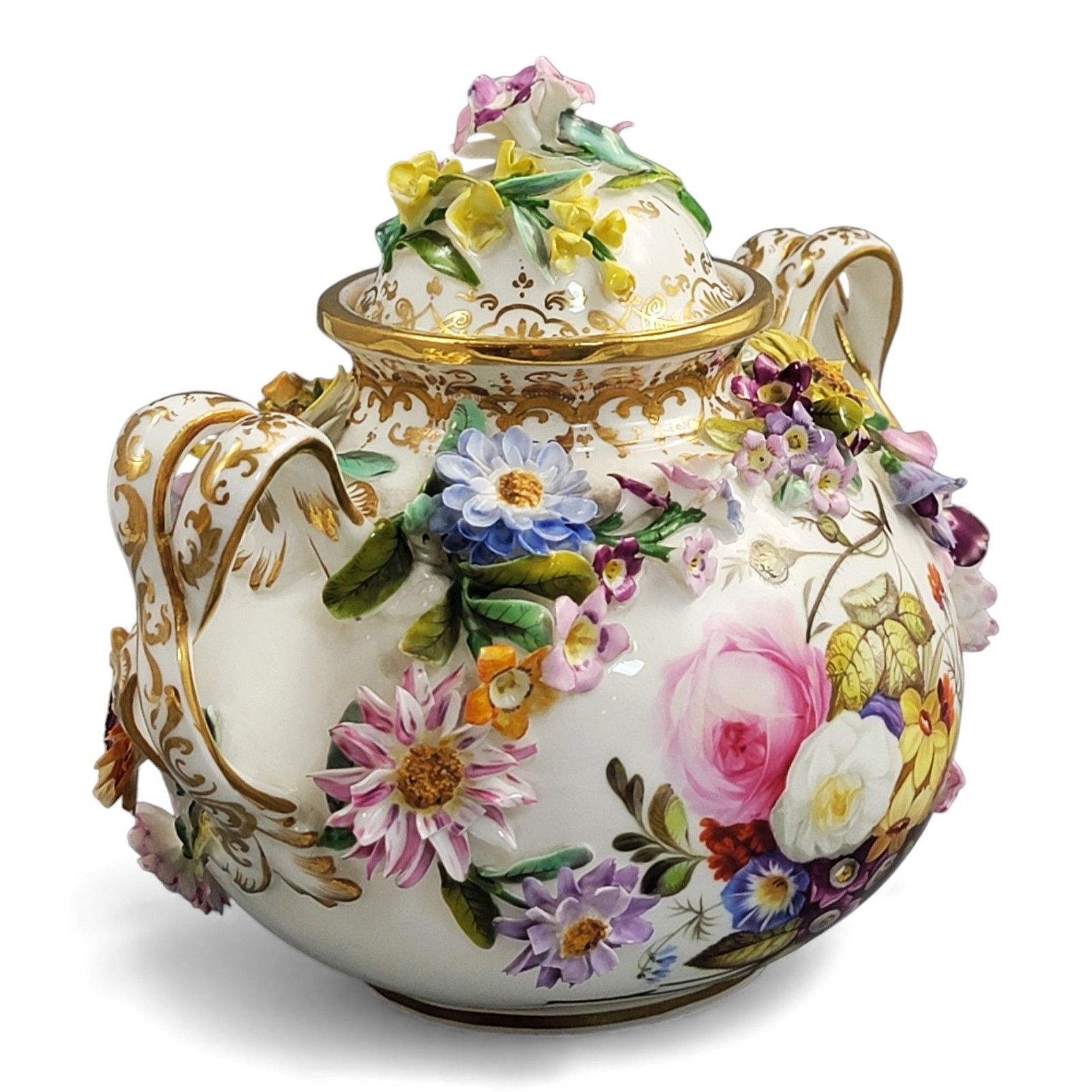 Regency Coalport Porcelain Flower Encrusted Pot, Coalbrookdale Style, C.1815 photo vinterior