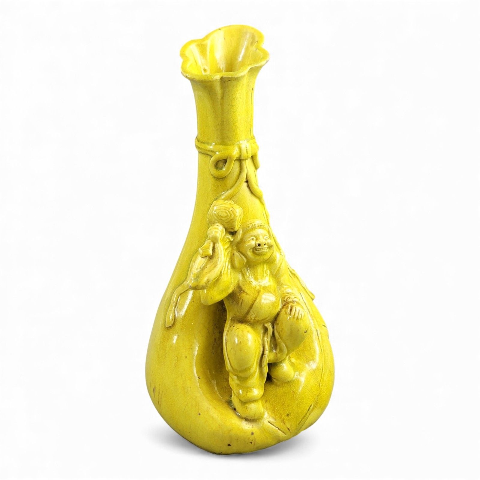 Large Shiwan Yellow Hotei Figure Vase 19th Century Chinese Sculptural Ceramic photo vintage