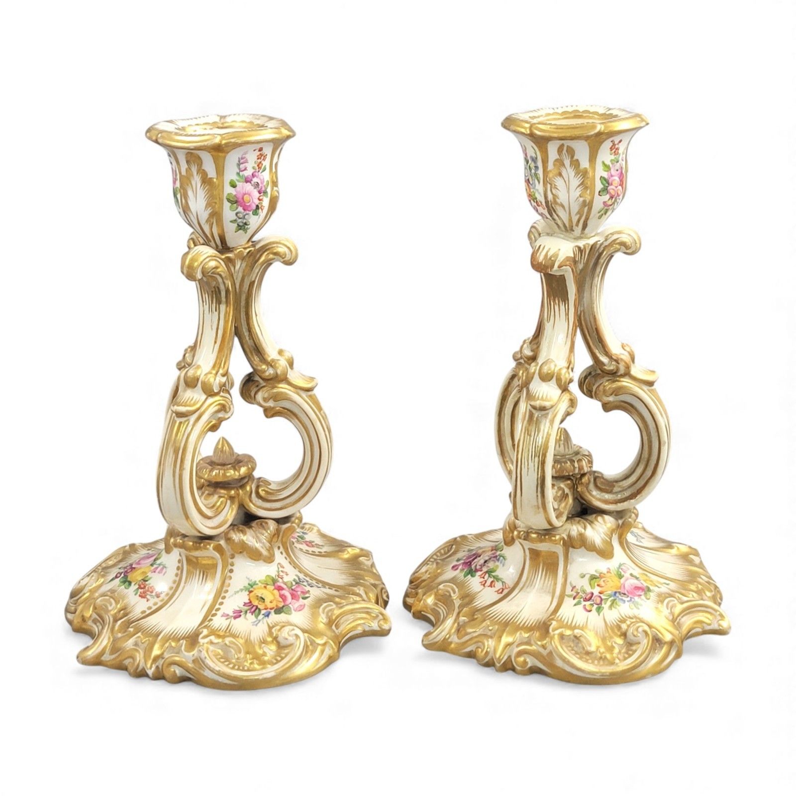 Derby Rococo Porcelain Candlesticks Pair C.1825 Hand Painted Flowers Regency photo for sale