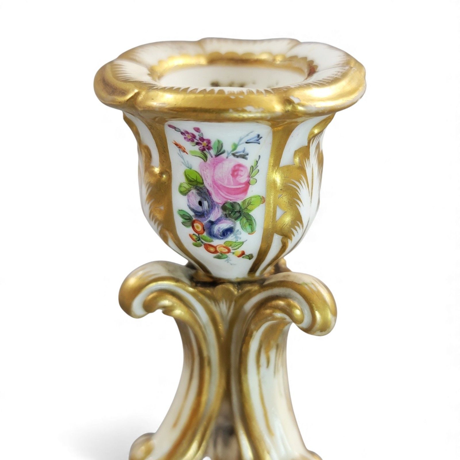 photo for sale Derby Rococo Porcelain Candlesticks Pair C.1825 Hand Painted Flowers Regency