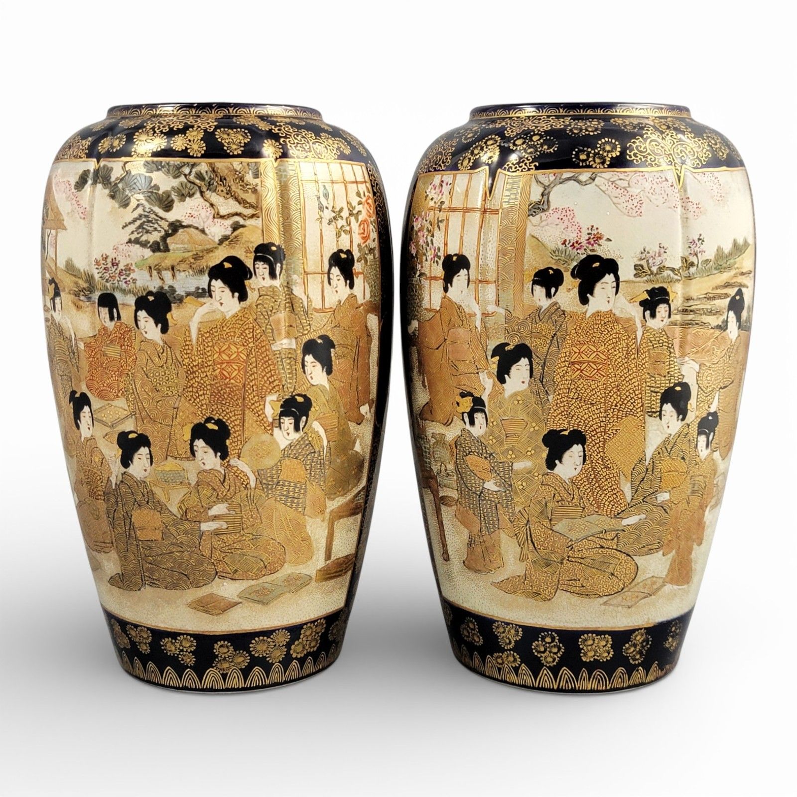 Antique Pair 25 Cm Meiji Satsuma Vases, Hodota Mark, Black And Gold, C.1890