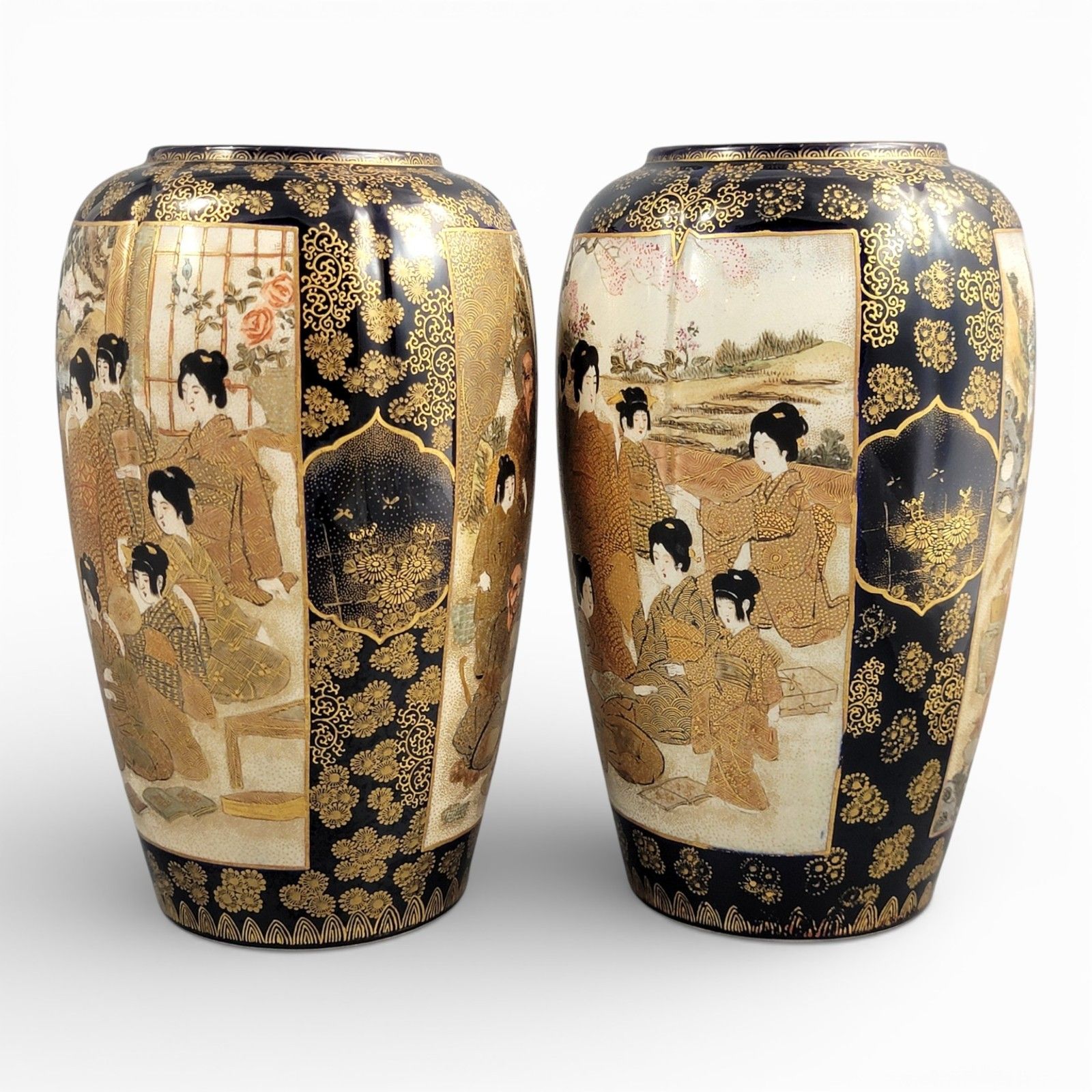 Antique Pair 25 Cm Meiji Satsuma Vases, Hodota Mark, Black And Gold, C.1890 photo furniture