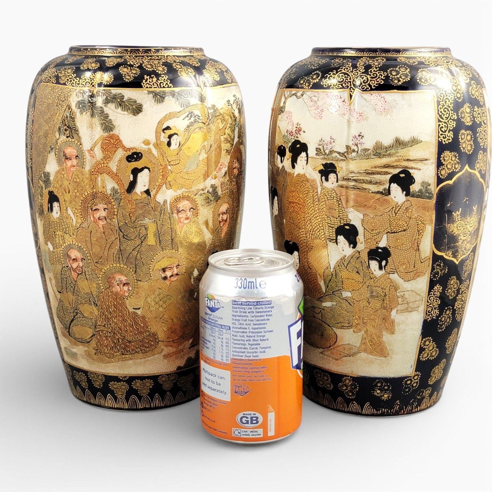 Antique Pair 25 Cm Meiji Satsuma Vases, Hodota Mark, Black And Gold, C.1890 photo vinterior