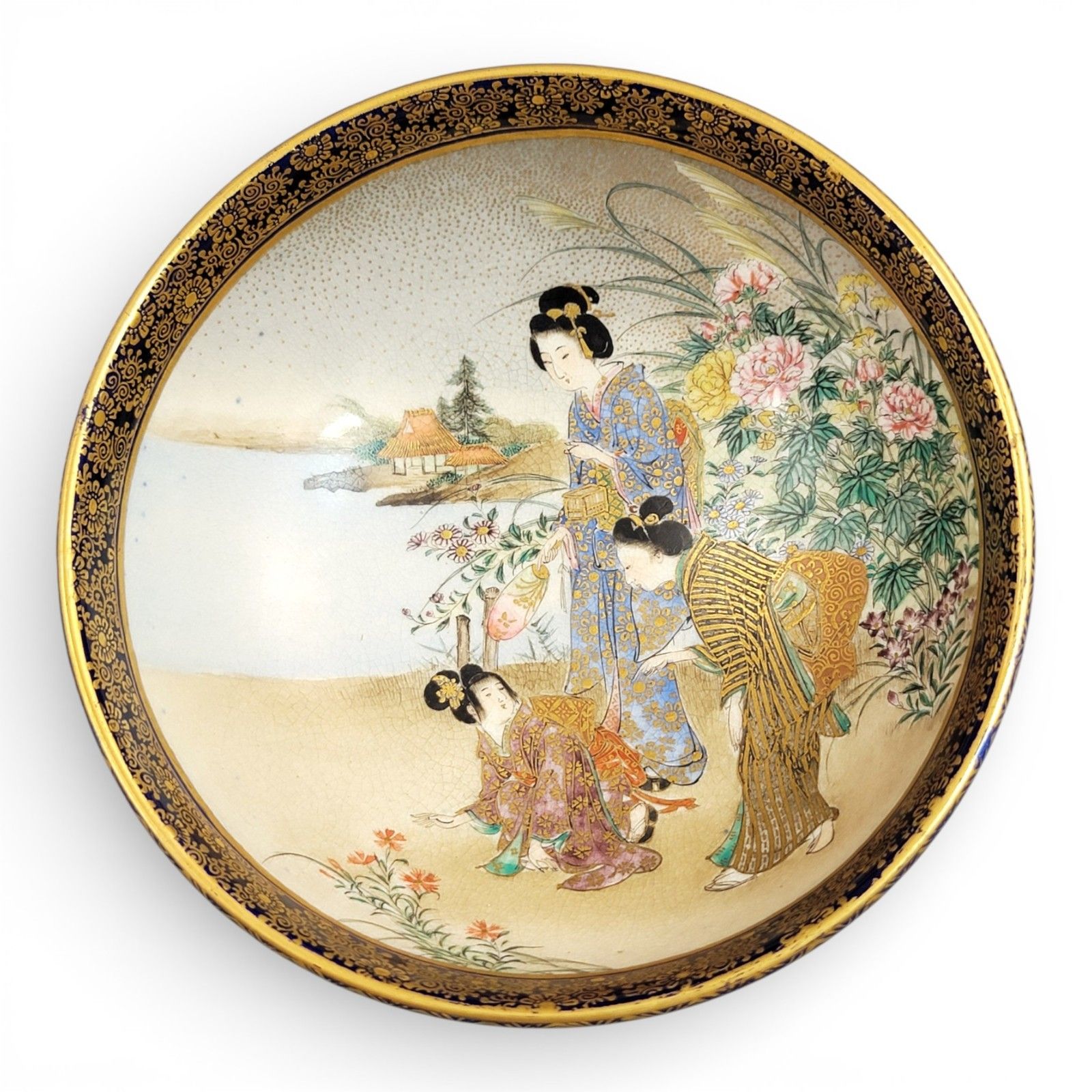 Antique Kinkozan Kyoto Satsuma Bowl C.1880, Cobalt Blue & Gold, Signed photo furniture