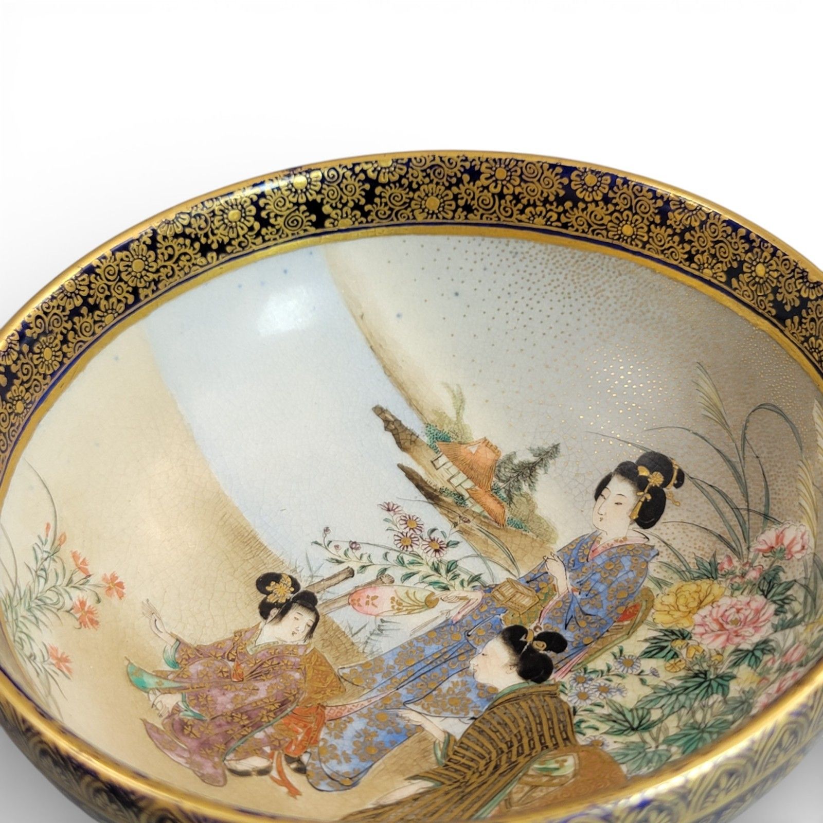 photo for sale Antique Kinkozan Kyoto Satsuma Bowl C.1880, Cobalt Blue & Gold, Signed