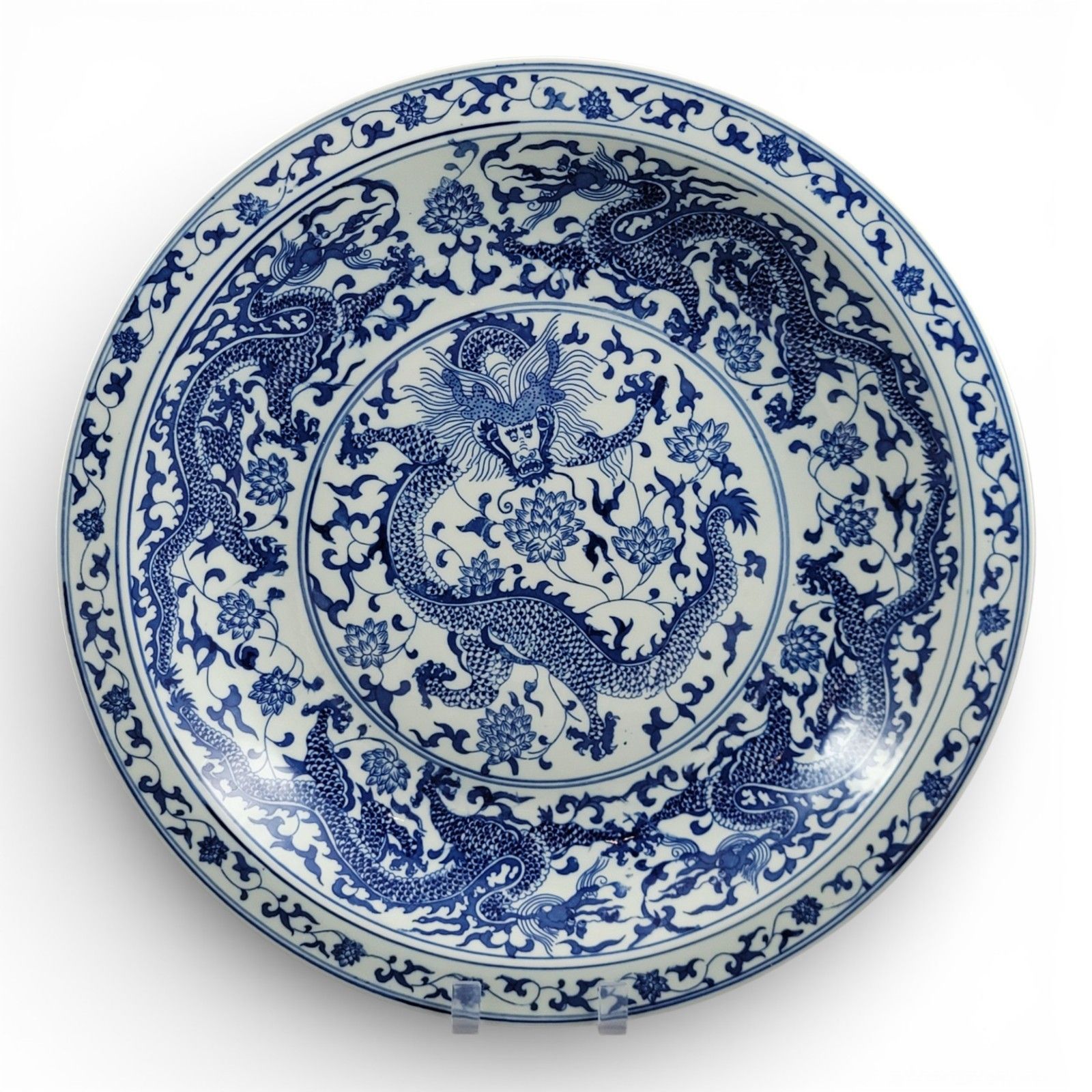 Large Chinese Blue & White Porcelain Dragon Dish Charger, Xuande Mark, 20th C
