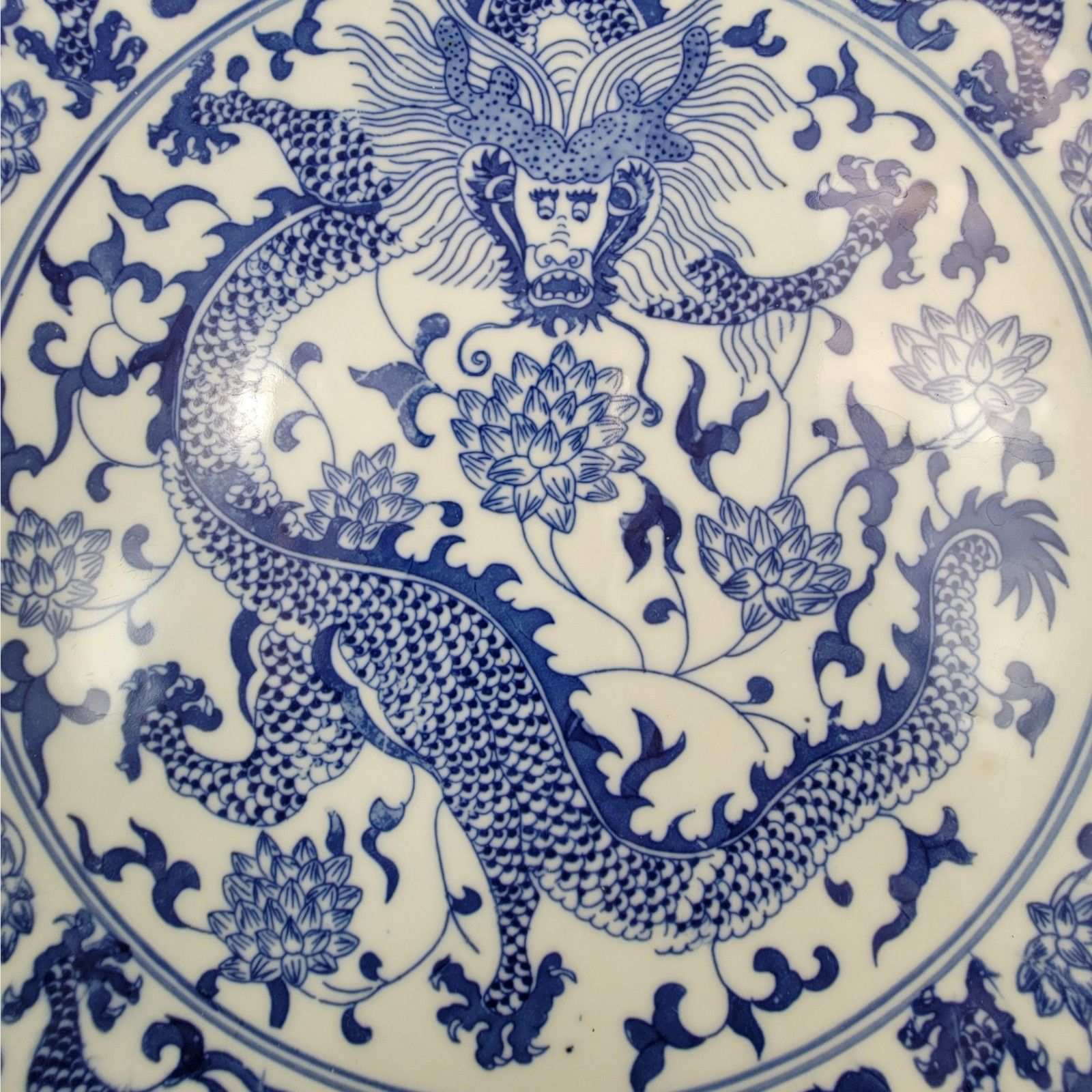 Large Chinese Blue & White Porcelain Dragon Dish Charger, Xuande Mark, 20th C photo buy