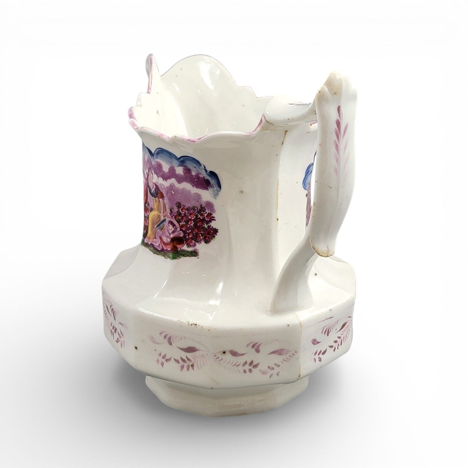 Antique Staffordshire Pearlware Lustre Jug Purple Transfer Pastoral Scene C 1830 photo furniture