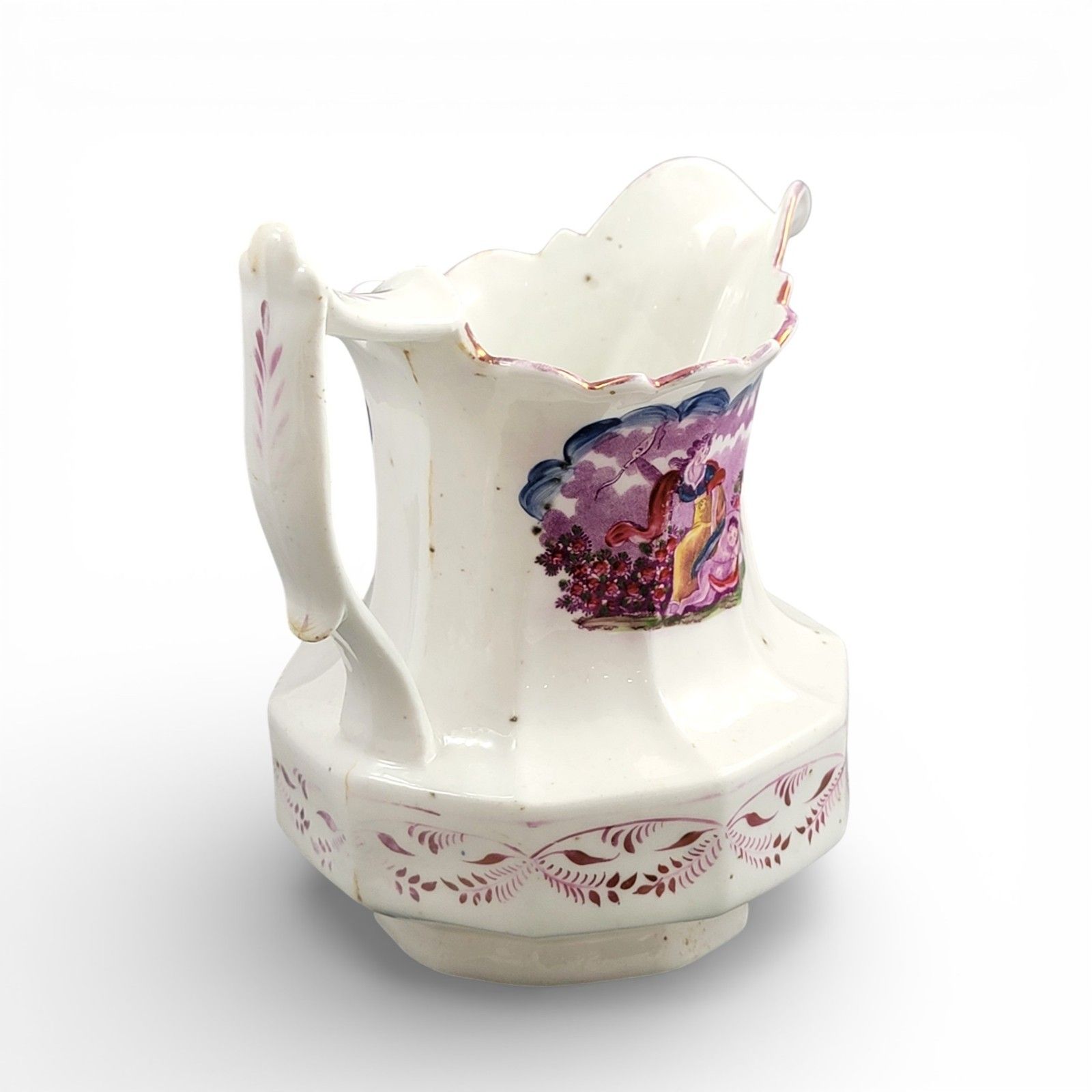Antique Staffordshire Pearlware Lustre Jug Purple Transfer Pastoral Scene C 1830 photo for sale
