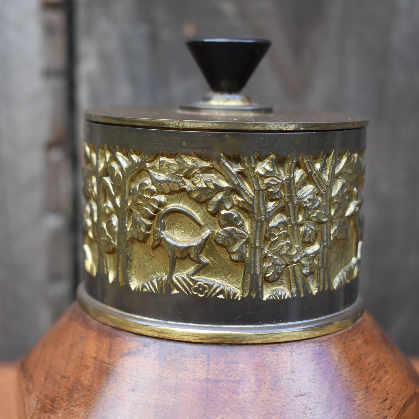 Antique Hermann Haller (1880 1950) Swiss Brass Repousse Wooden Lidded Pot photo for sale