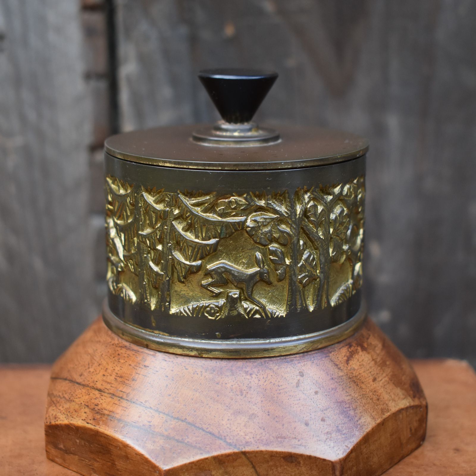 Antique Hermann Haller (1880 1950) Swiss Brass Repousse Wooden Lidded Pot photo Home Decor