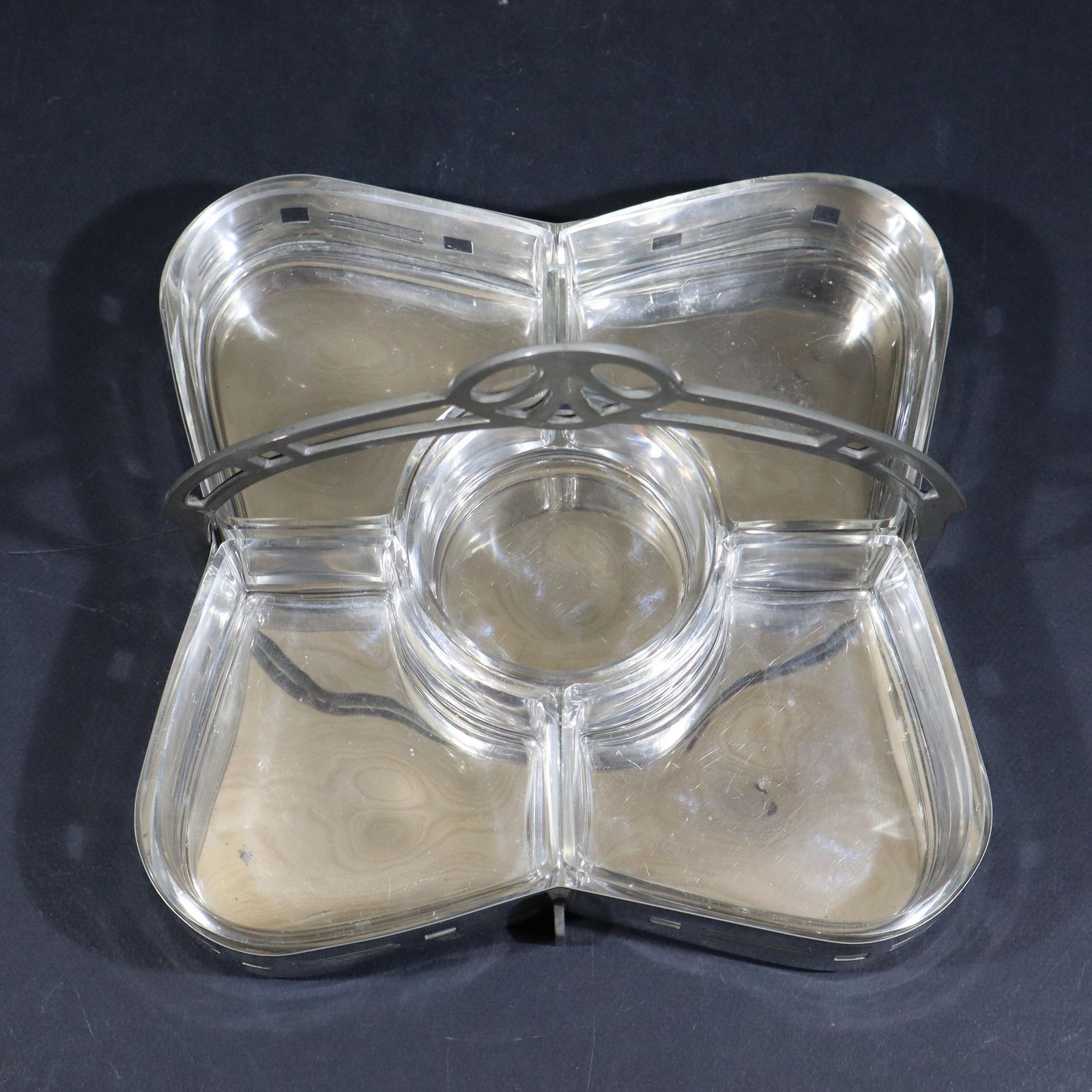 French Silver Plated Art Nouveau Hors D'oeuvres Tray With Cut Glass Cocktail Dishes photo vintage