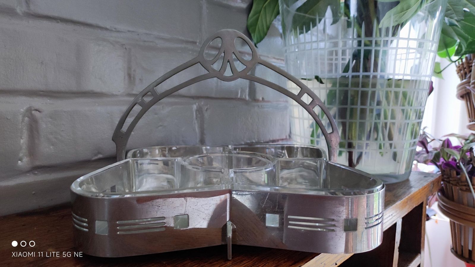 photo vinterior French Silver Plated Art Nouveau Hors D'oeuvres Tray With Cut Glass Cocktail Dishes