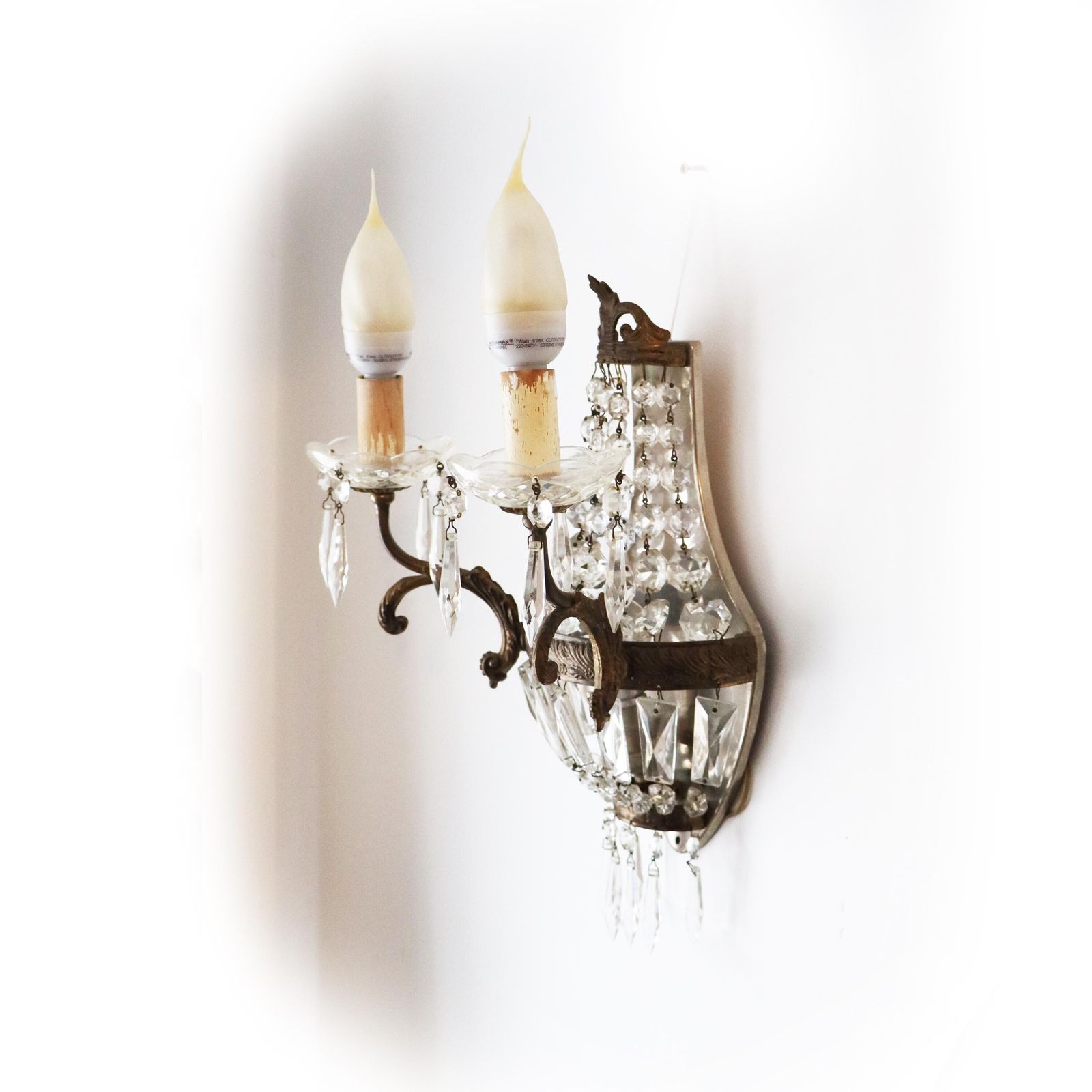 French Empire Style Wall Sconce With Crystal Pendants, Antique Twin Arm Girandoles photo 272.0