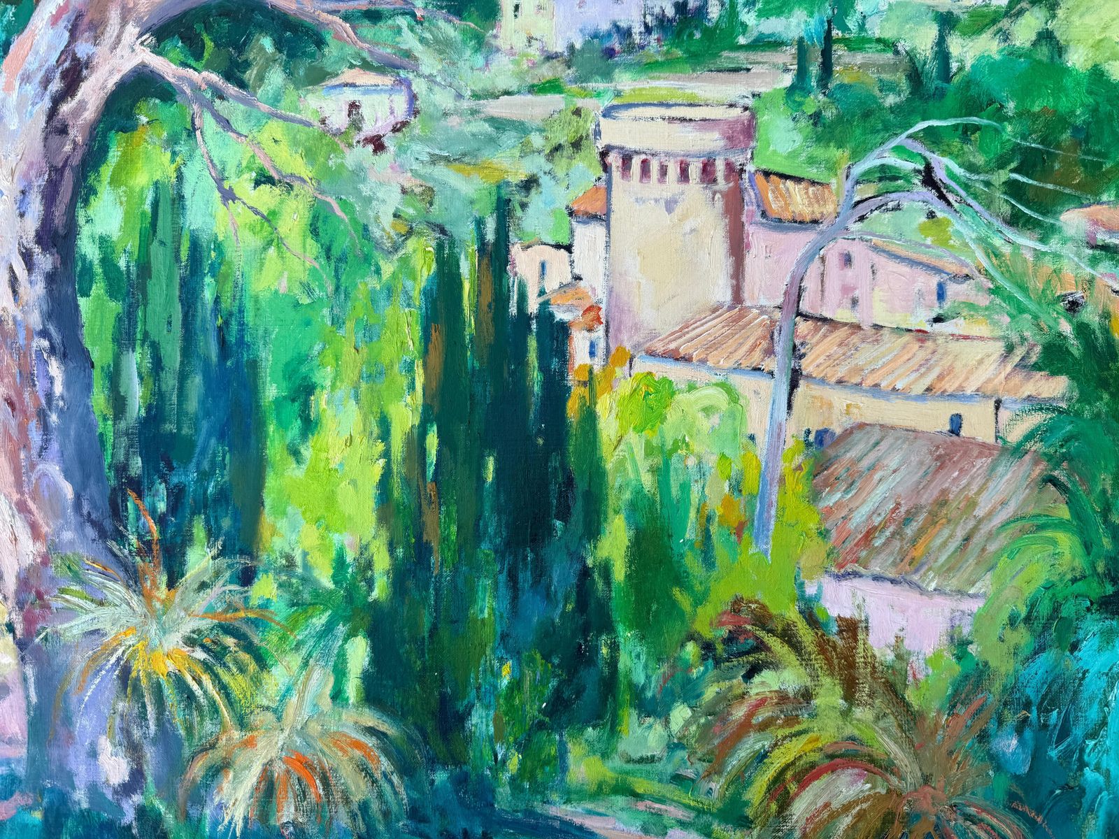 Valeri Farras Mediterranean Landscape With Architecture And Cypress Trees Oil On Canvas C.1990 photo buy
