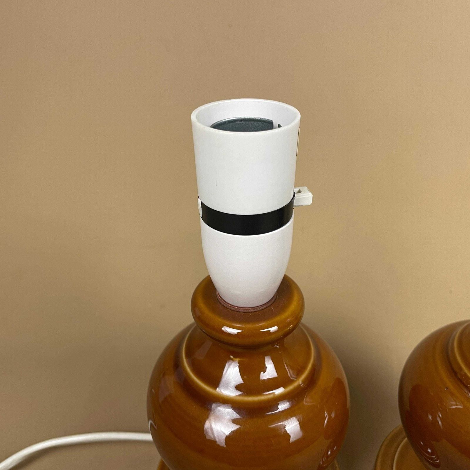 Matching Pair Of 2 Vintage Ceramic Brown Lamps Bedside Table Light Vase Antique Cottage Wade Lamp Retro Glazed Set Two Pat Tested 2026 photo for sale