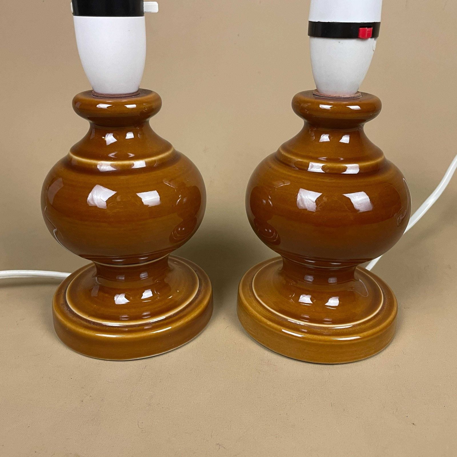 Matching Pair Of 2 Vintage Ceramic Brown Lamps Bedside Table Light Vase Antique Cottage Wade Lamp Retro Glazed Set Two Pat Tested 2026 photo Lighting