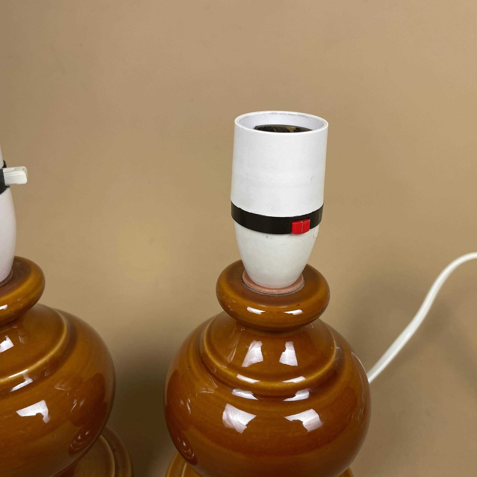 Matching Pair Of 2 Vintage Ceramic Brown Lamps Bedside Table Light Vase Antique Cottage Wade Lamp Retro Glazed Set Two Pat Tested 2026 photo 125.0