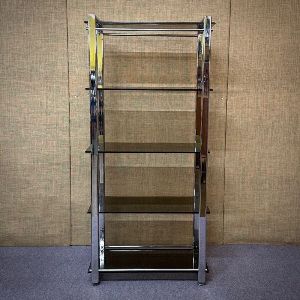 Large Heavy Vintage Chrome And Smoked Glass Shelving Unit Five Shelves photo furniture